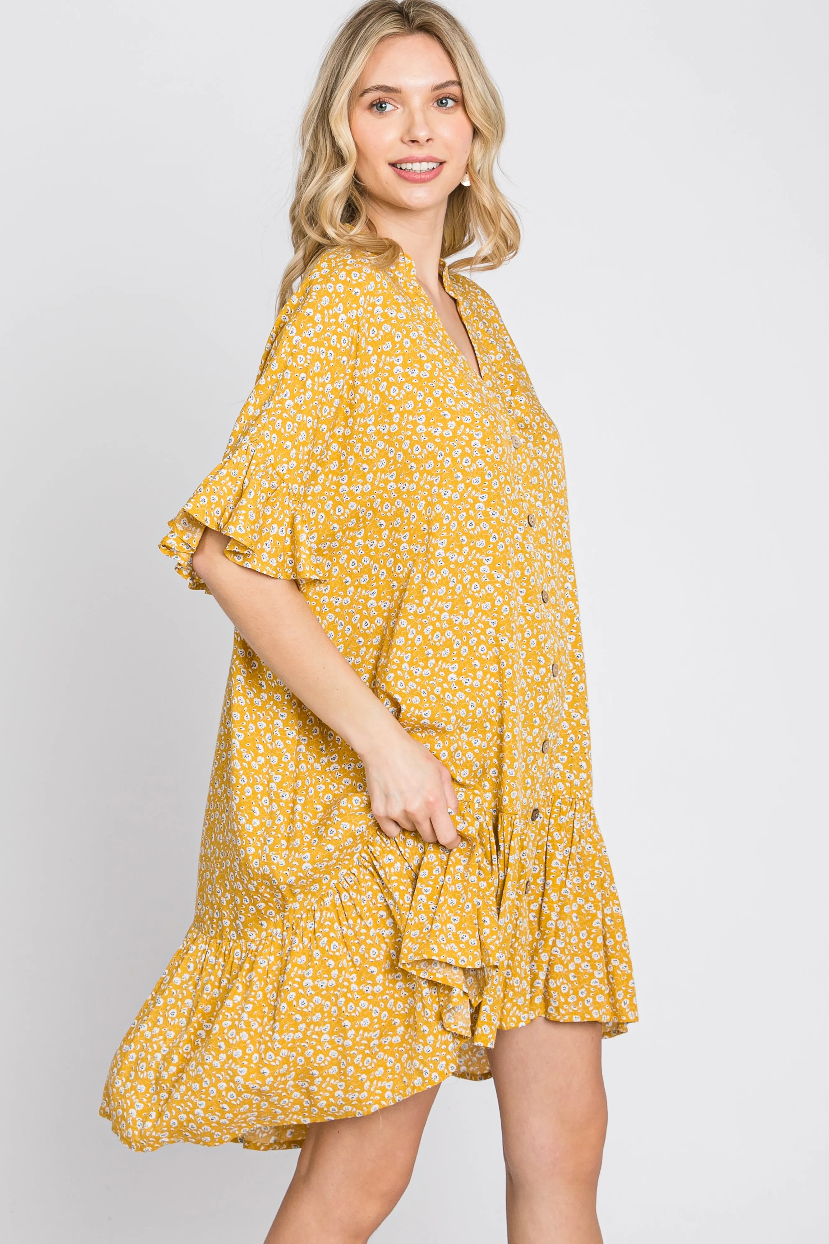 Yellow Floral Ruffle Hi- Lo Hem Mini Dress sold by Pinkblush product image thumbnail 5