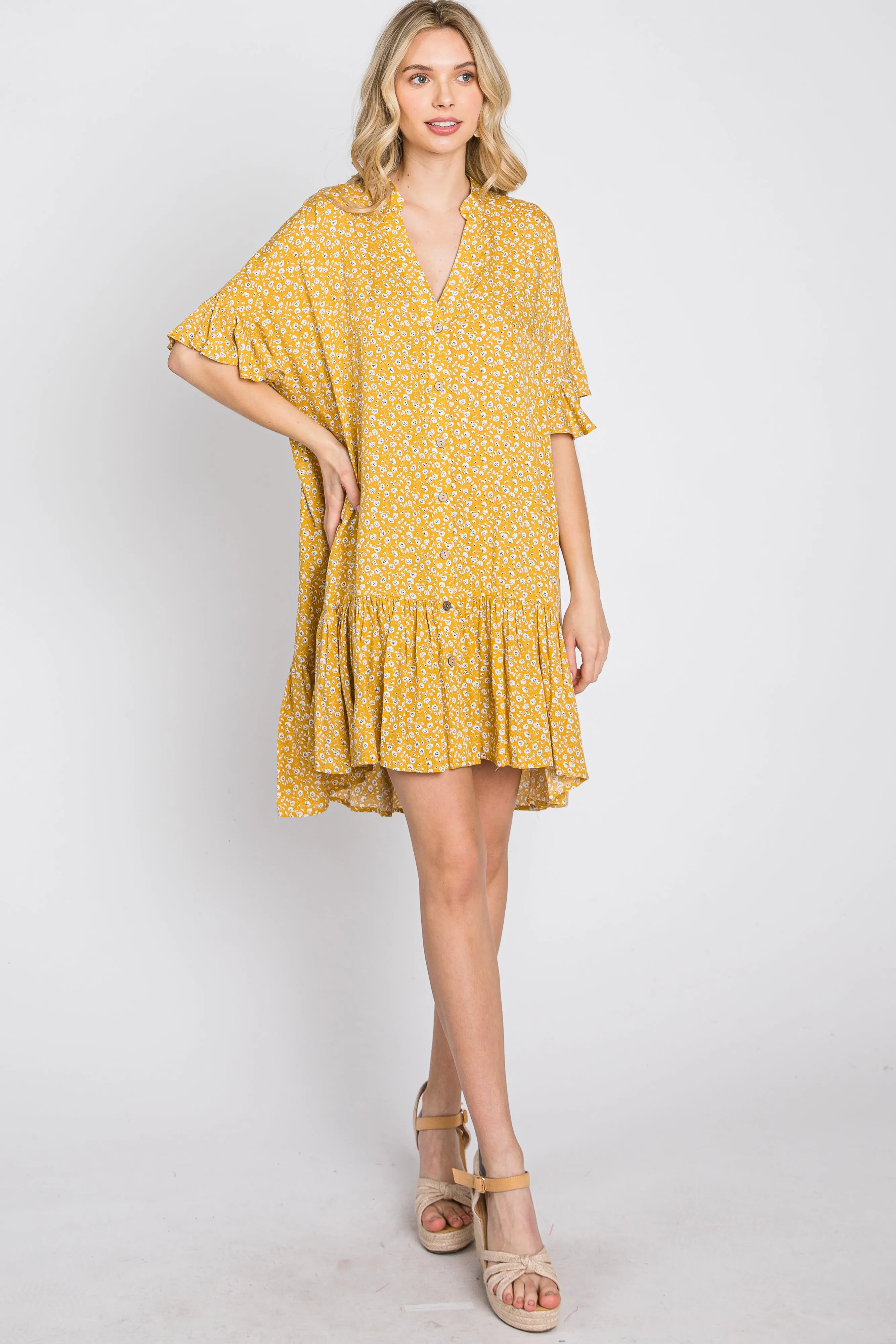 Yellow Floral Ruffle Hi- Lo Hem Mini Dress sold by Pinkblush product image thumbnail 2