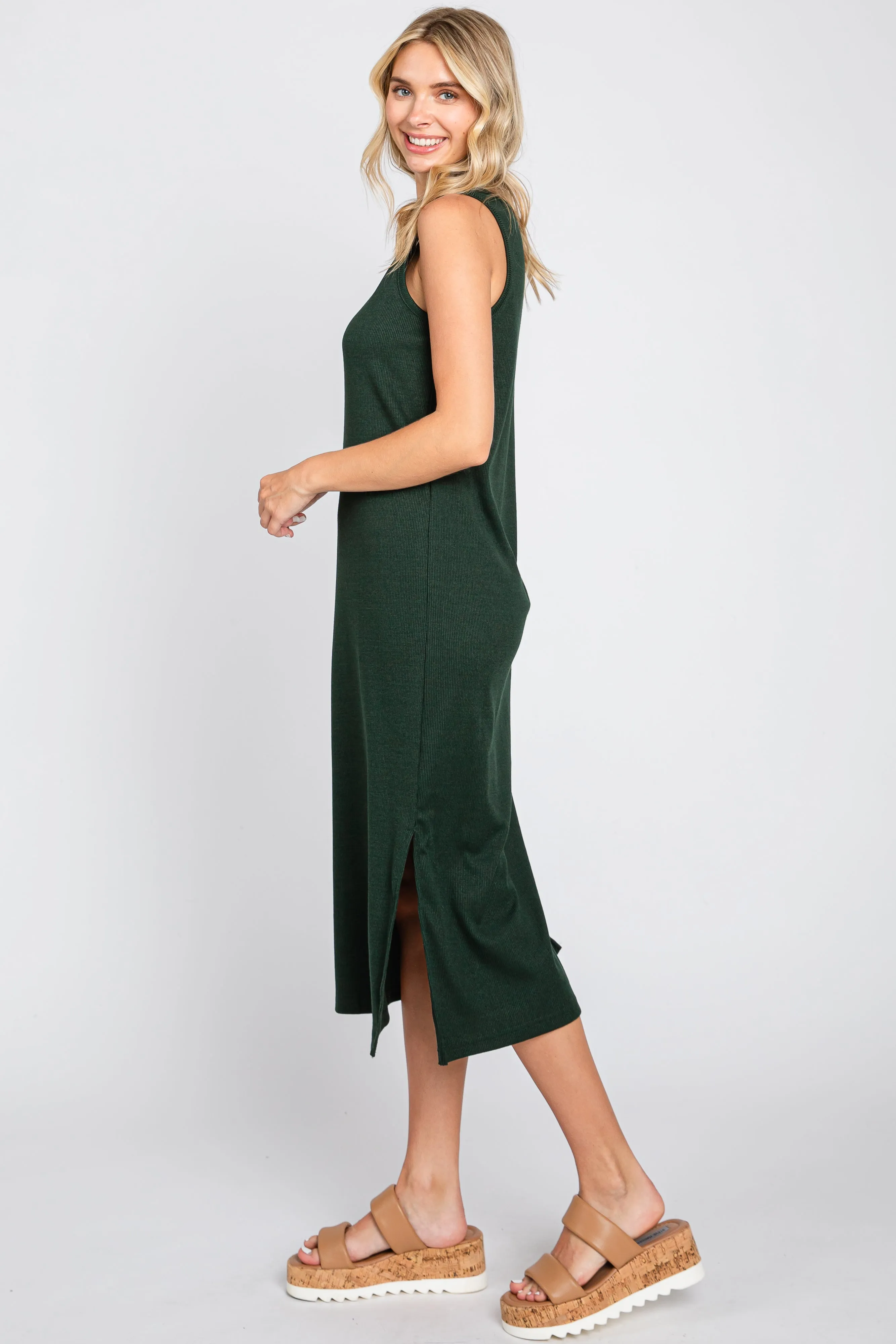 Forest Green Basic Ribbed Side Slit Midi Dress sold by Pinkblush product image thumbnail 2
