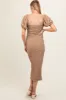 Taupe Textured Square Neck Puff Sleeve Maternity Midi Dress sold by Pinkblush