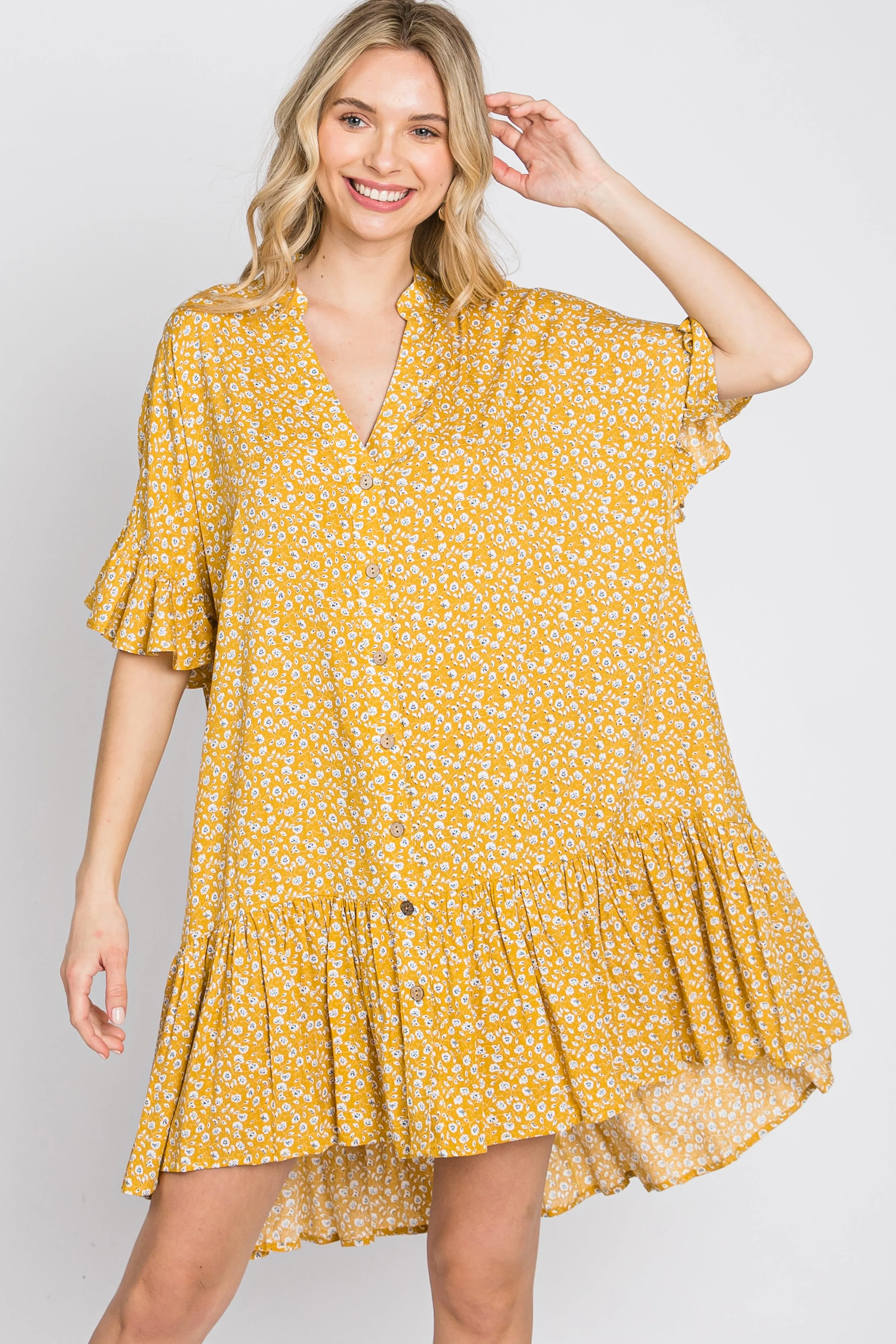 Yellow Floral Ruffle Hi- Lo Hem Mini Dress sold by Pinkblush product image thumbnail 3