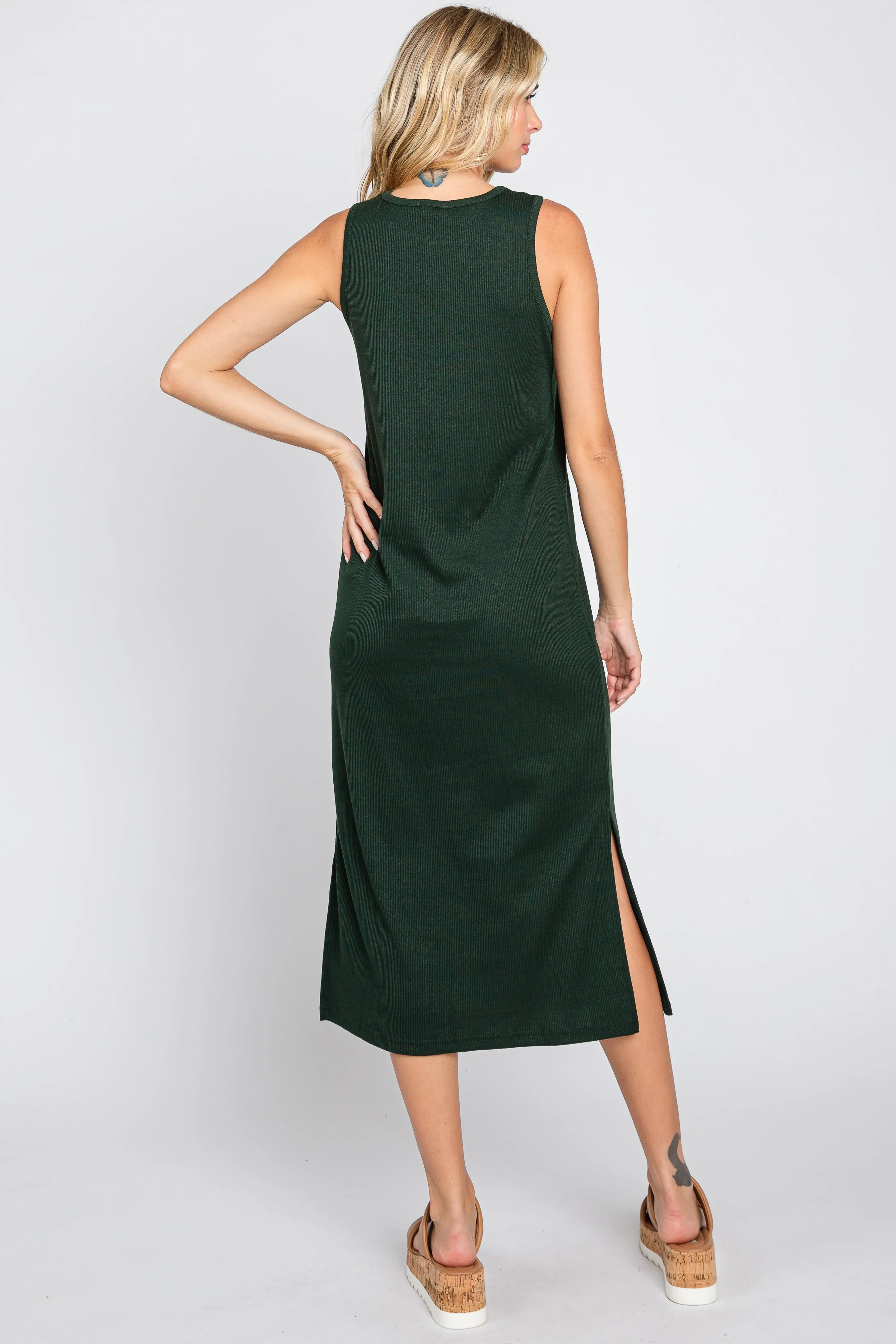 Forest Green Basic Ribbed Side Slit Midi Dress sold by Pinkblush product image thumbnail 3
