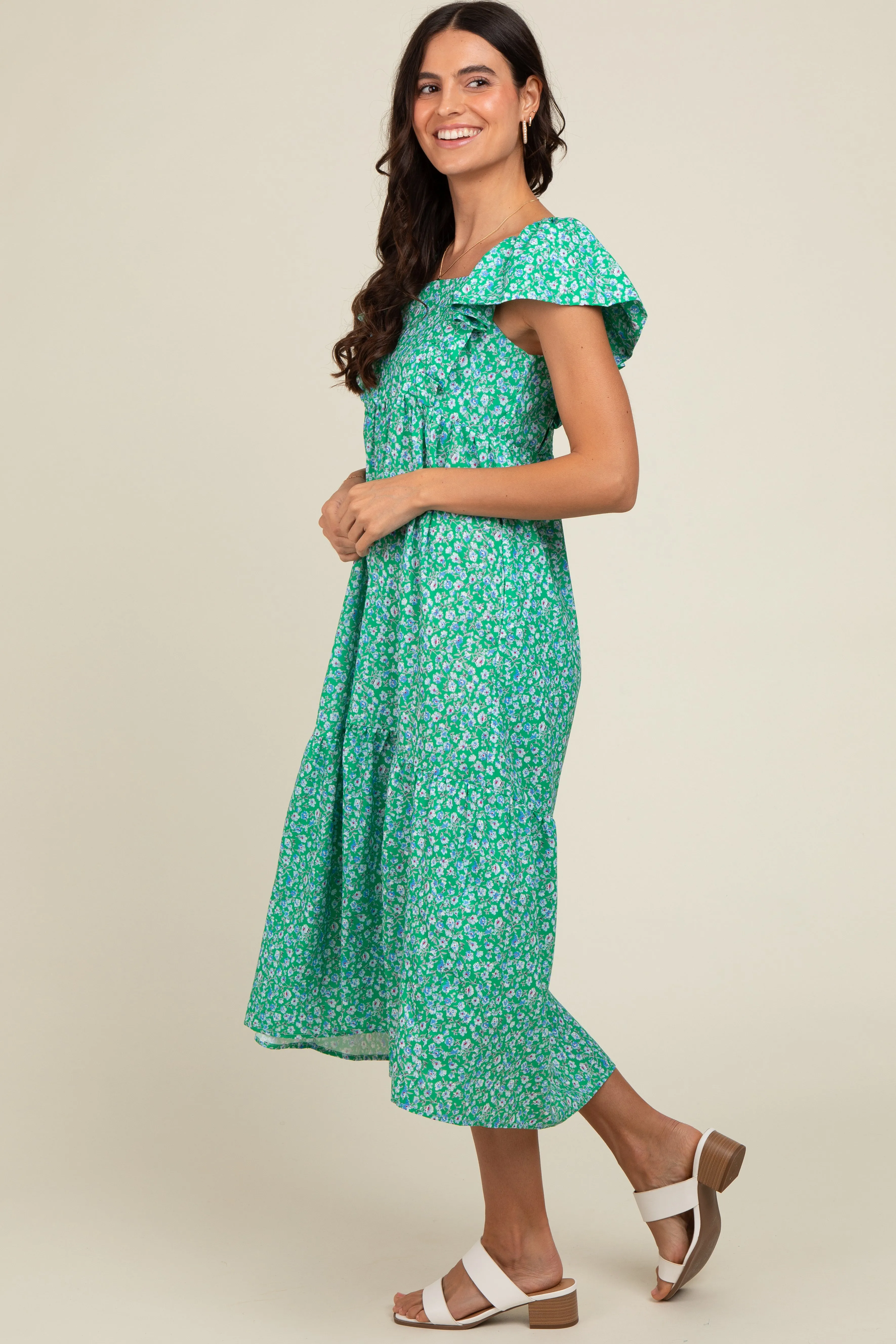 Green Floral Ruffle Off Shoulder Midi Dress sold by Pinkblush product image thumbnail 3