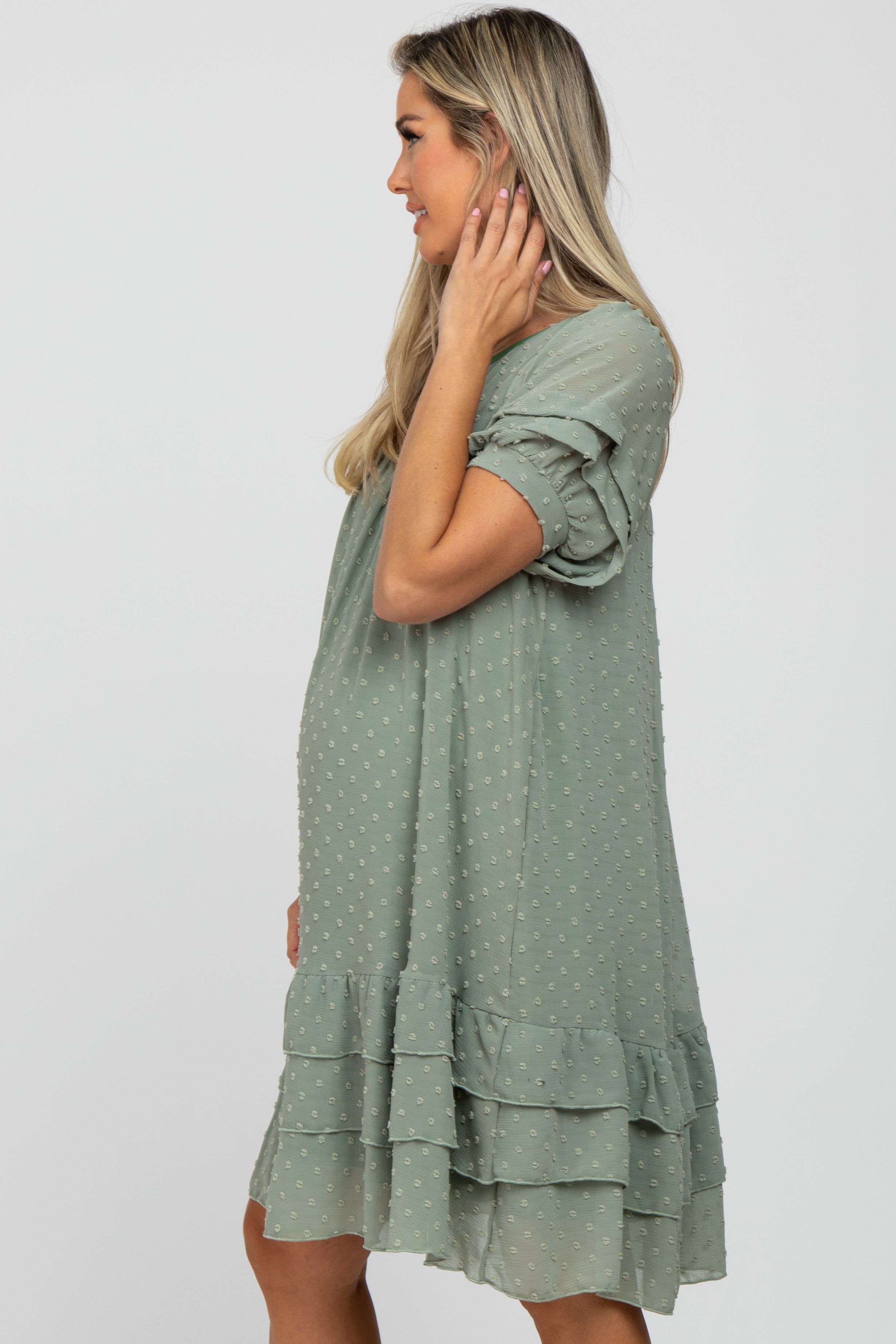 Light Olive Chiffon Swiss Dot Ruffle Hem Maternity Midi Dress sold by Pinkblush product image thumbnail 2