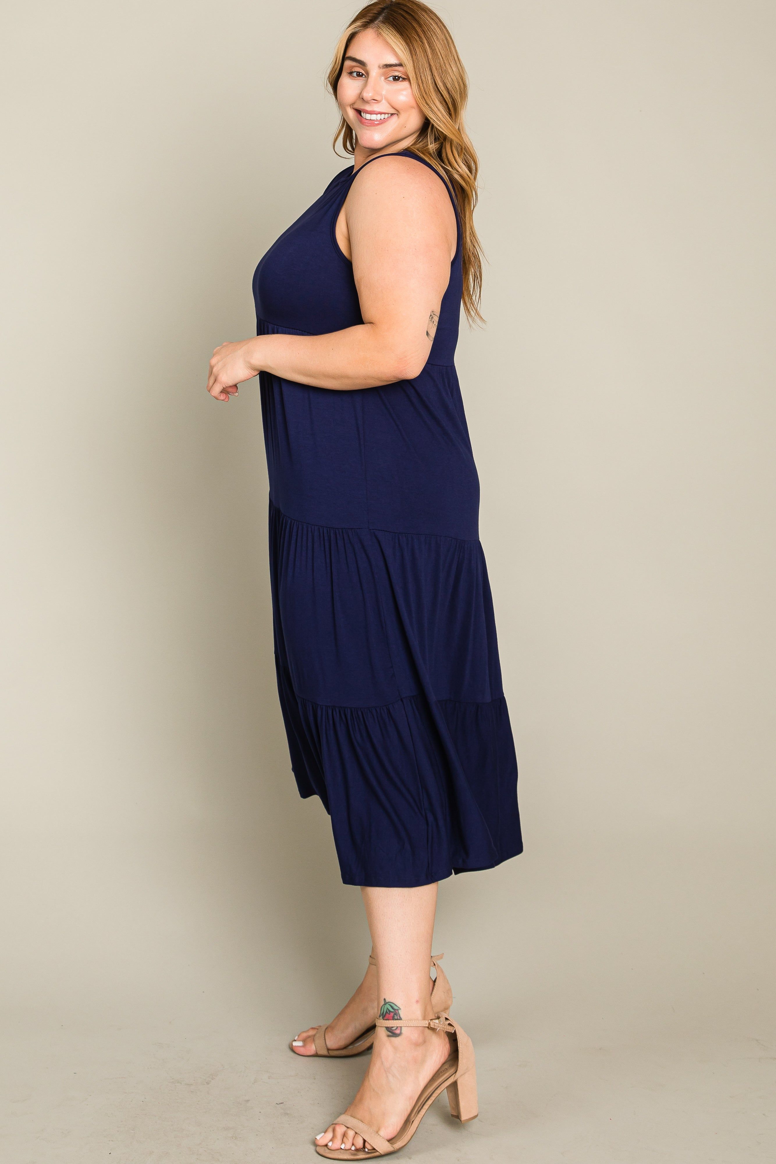 Navy Tiered Sleeveless Plus Midi Dress sold by Pinkblush product image thumbnail 9
