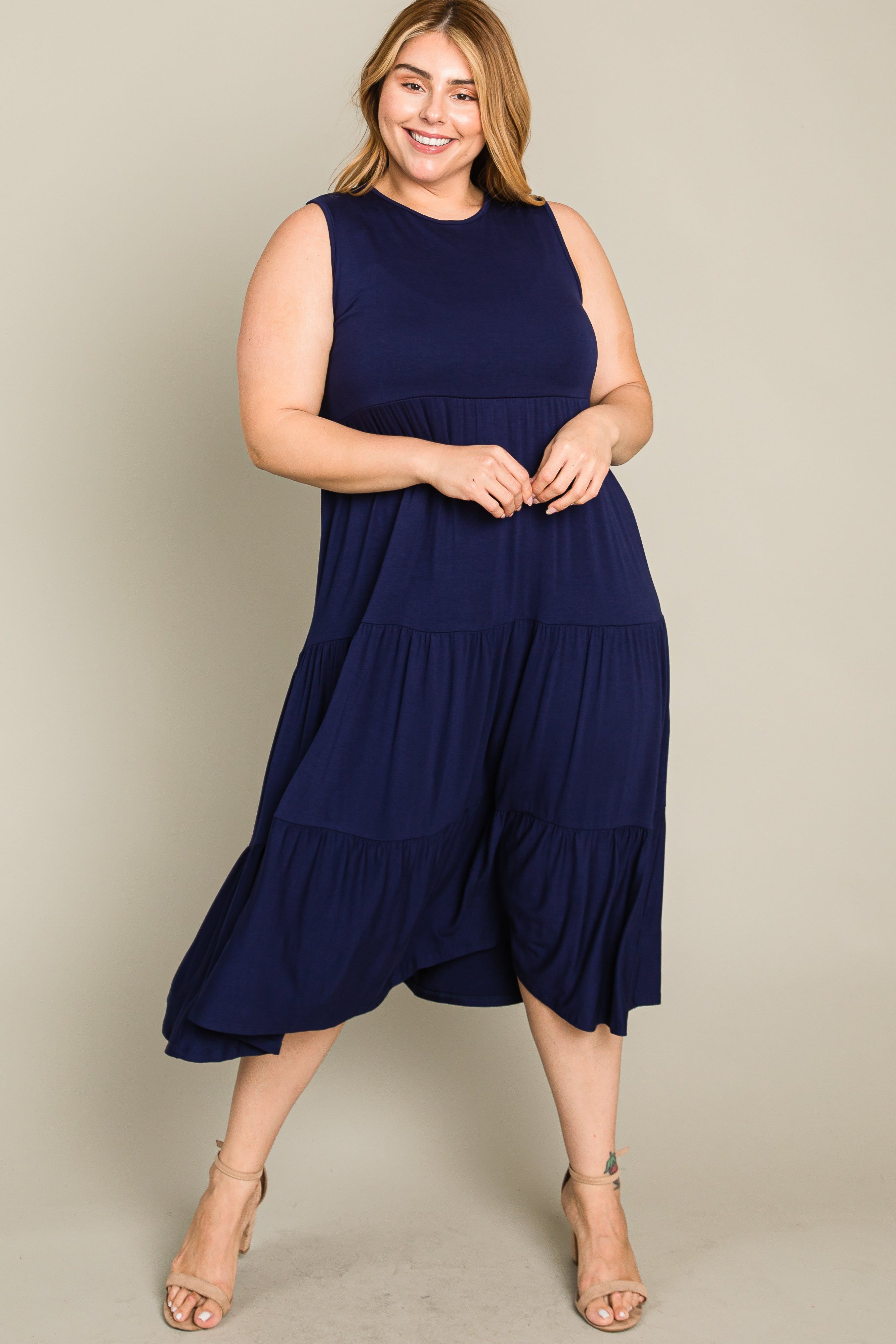 Navy Tiered Sleeveless Plus Midi Dress sold by Pinkblush product image thumbnail 6