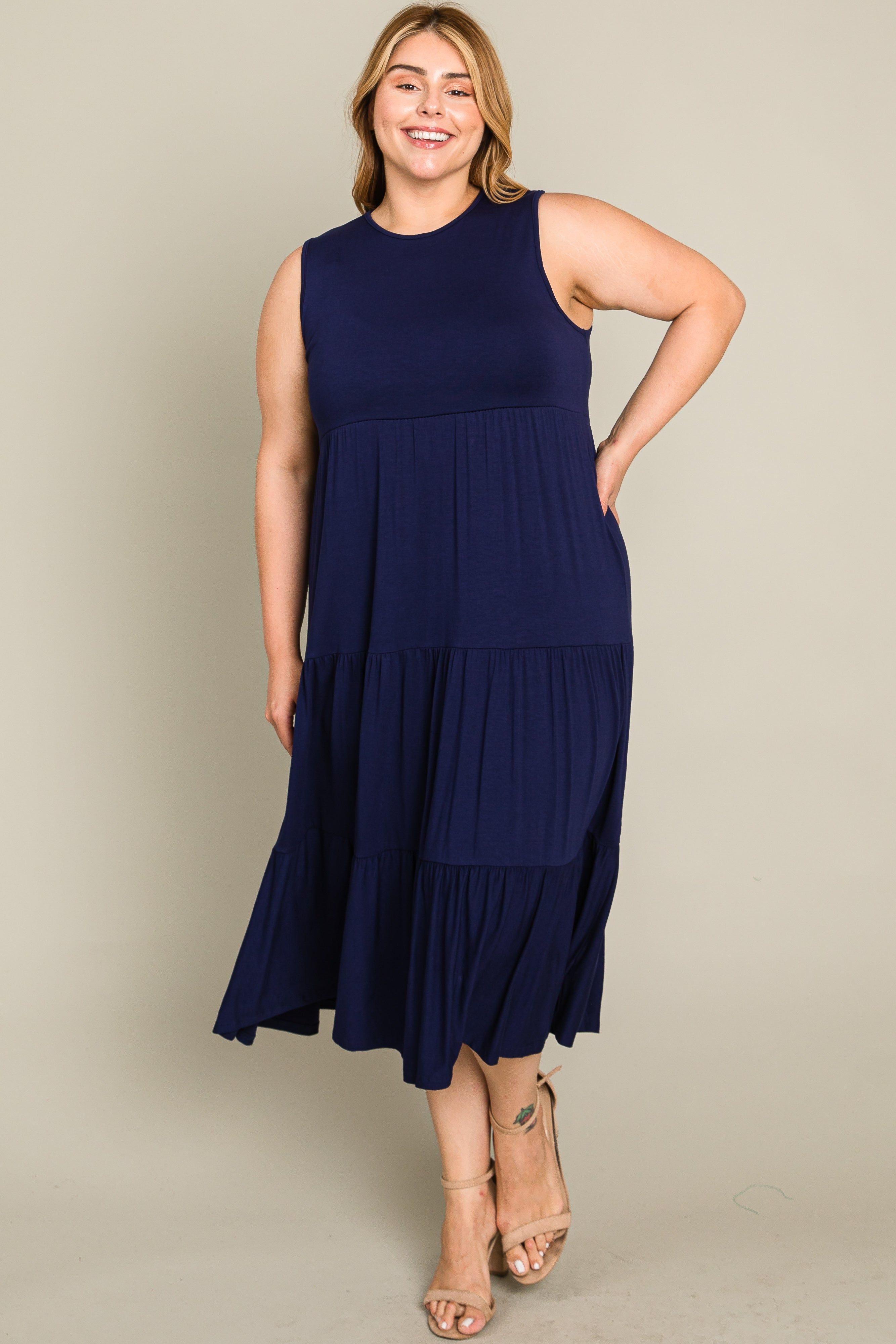 Navy Tiered Sleeveless Plus Midi Dress sold by Pinkblush product image thumbnail 3