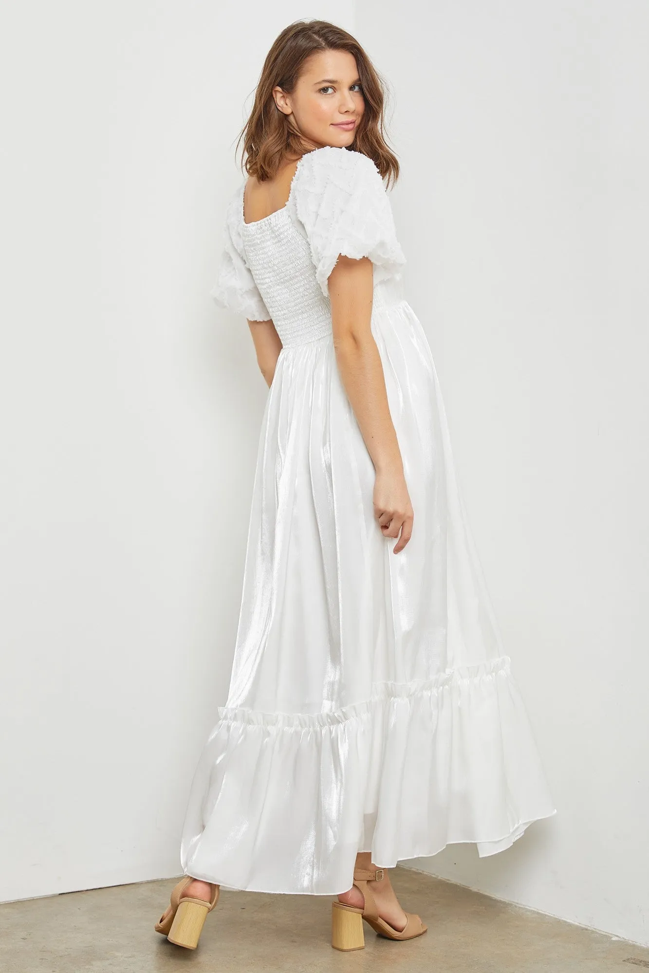 White Iridescent Textured Puff Sleeve Midi Dress sold by Pinkblush product image thumbnail 2