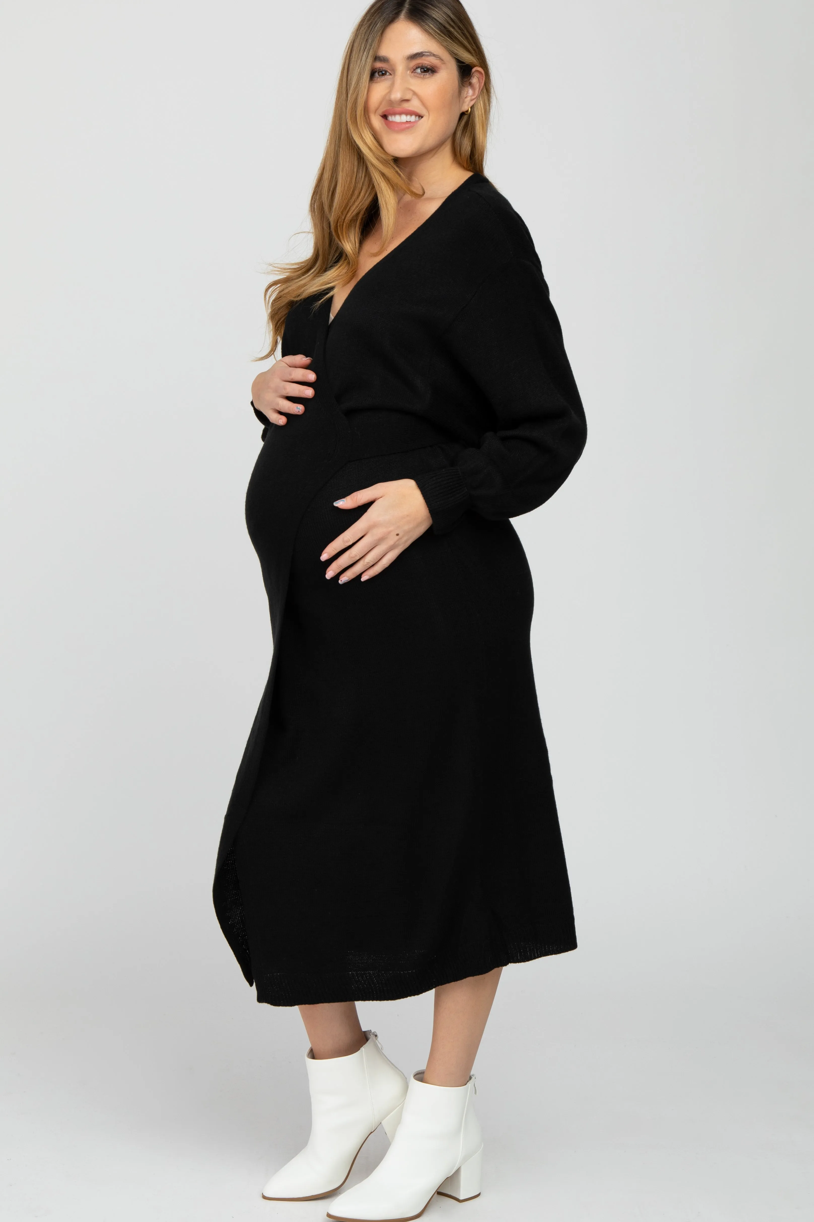 Black Wrap Sweater Knit Maternity Midi Dress sold by Pinkblush product image thumbnail 2