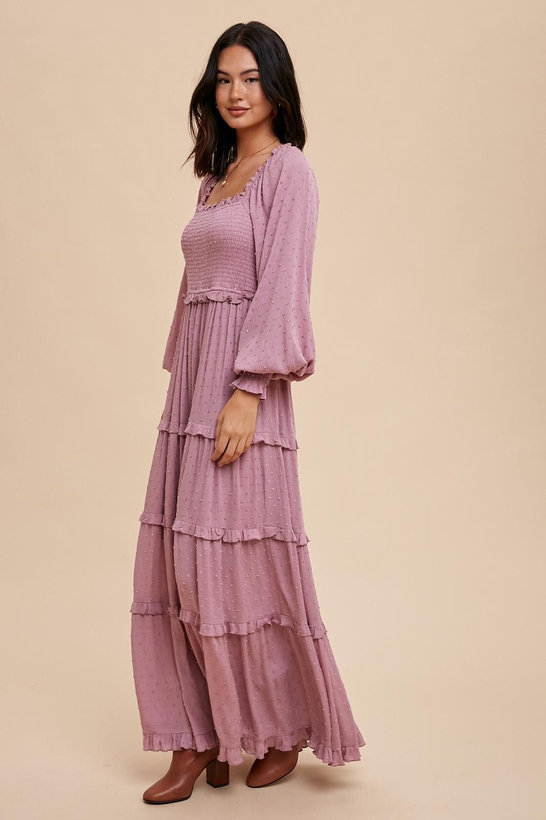 Mauve Swiss Dot Ruffle Accent Tiered Maxi Dress sold by Pinkblush product image thumbnail 2