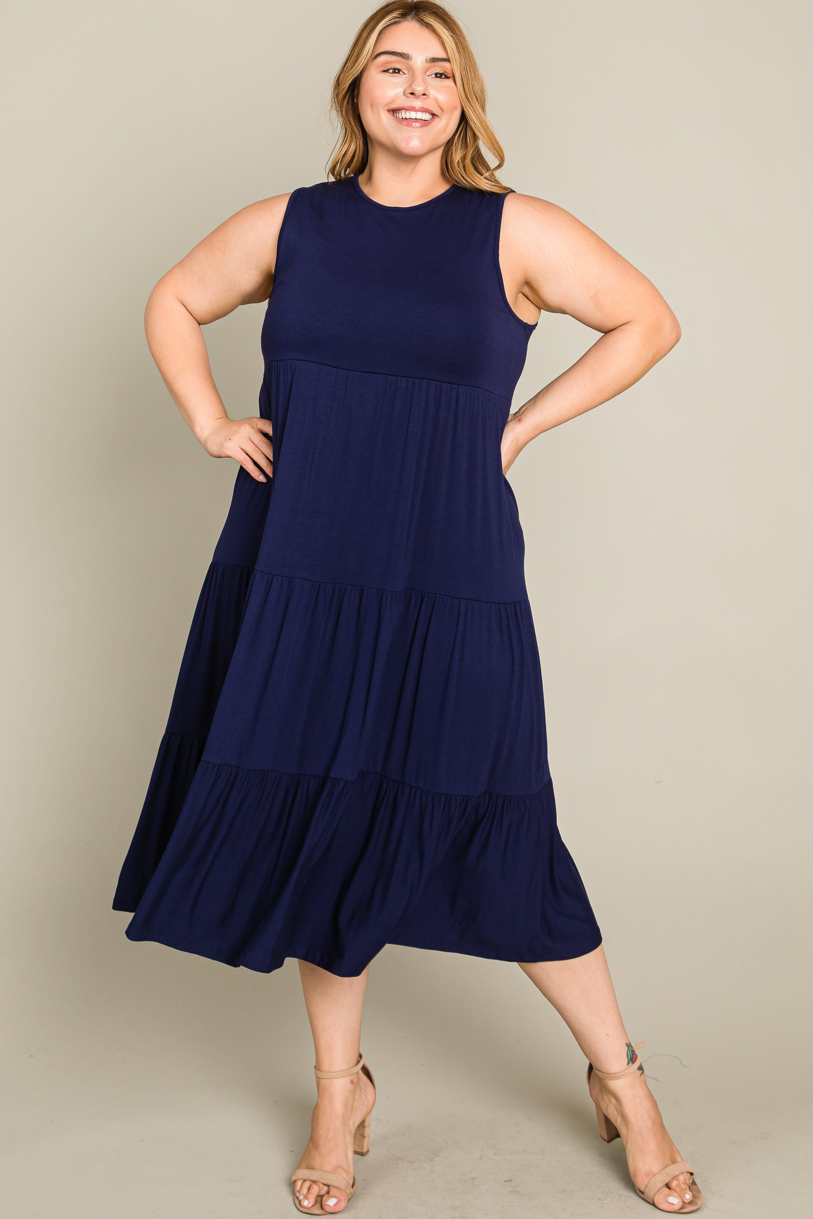 Navy Tiered Sleeveless Plus Midi Dress sold by Pinkblush product image thumbnail 7