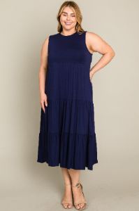 Navy Tiered Sleeveless Plus Midi Dress sold by Pinkblush