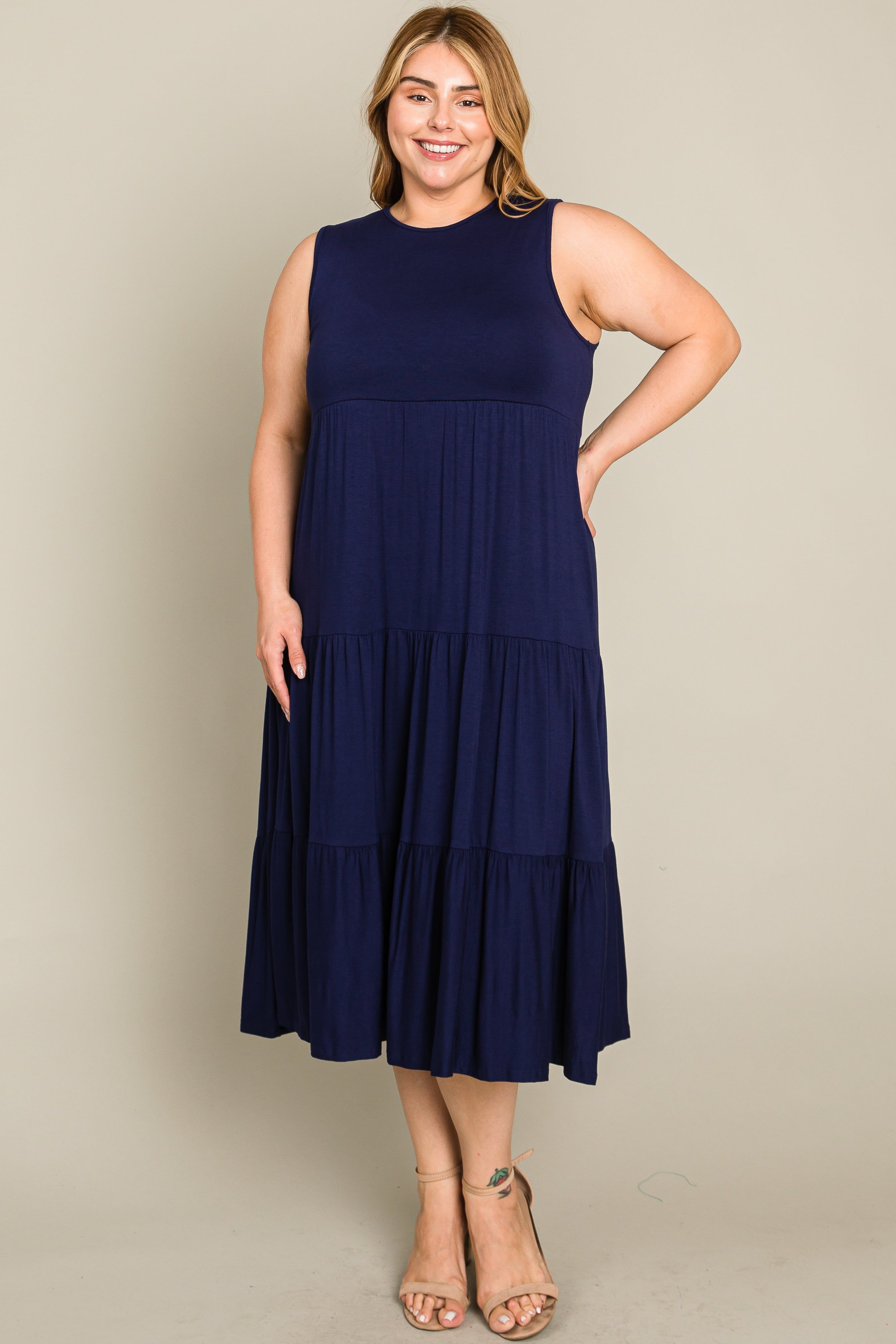 Navy Tiered Sleeveless Plus Midi Dress sold by Pinkblush product image thumbnail 4