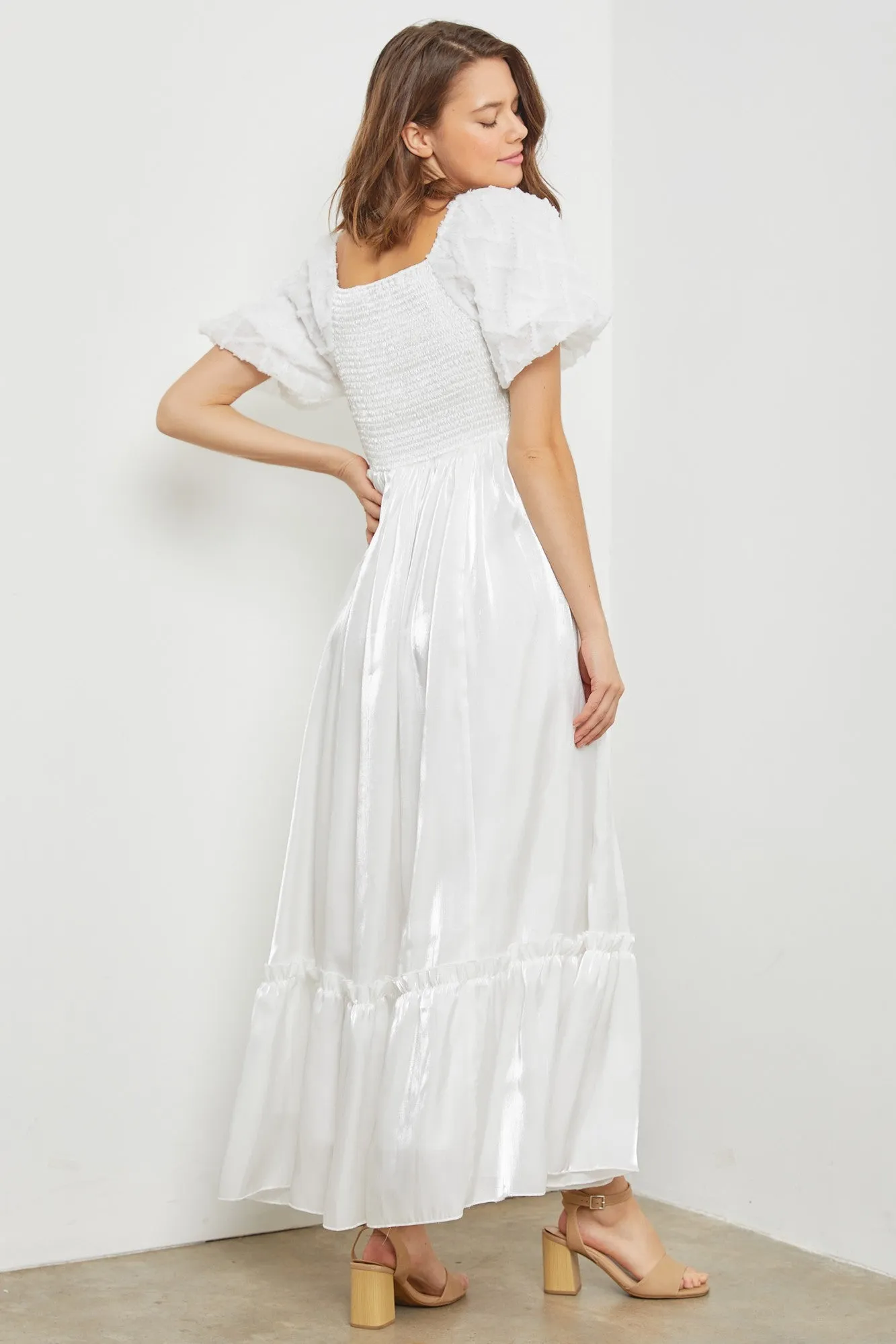 White Iridescent Textured Puff Sleeve Midi Dress sold by Pinkblush product image thumbnail 3