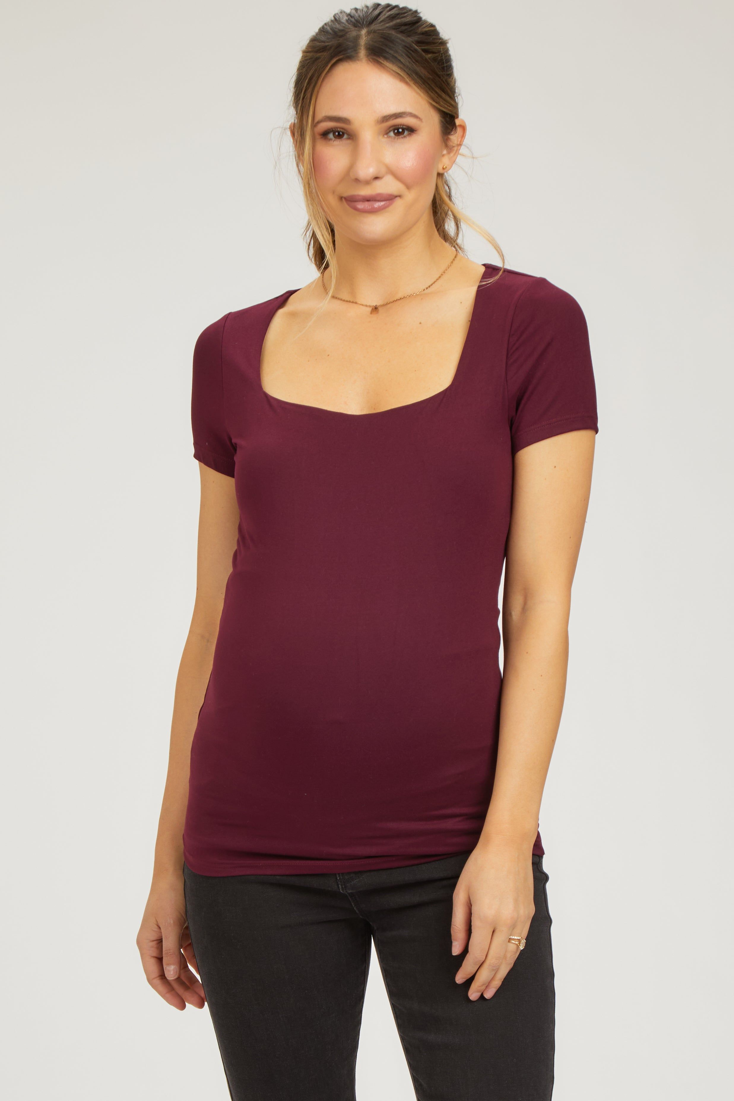 Burgundy Square Neck Short Sleeve Maternity Top sold by Pinkblush
