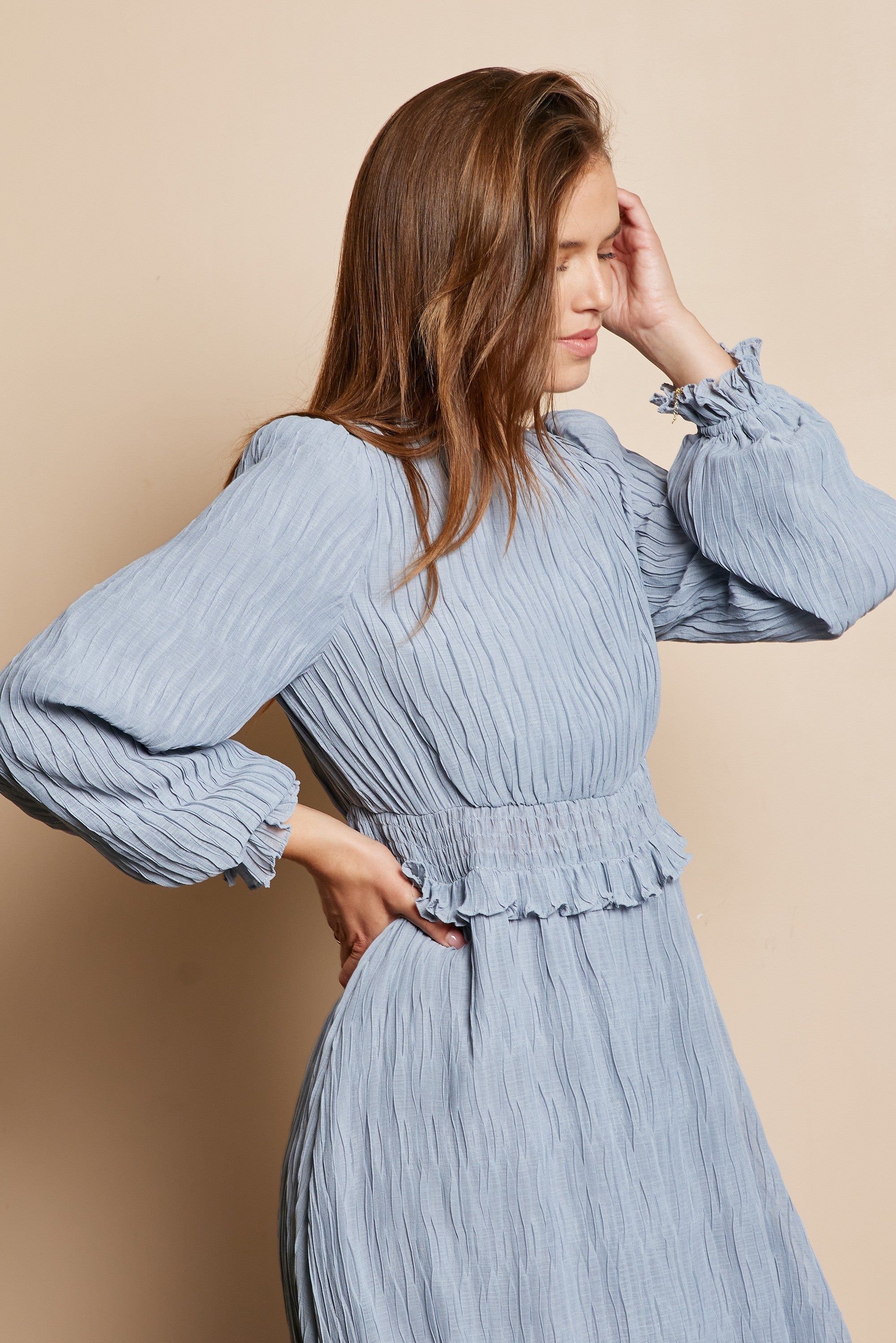 Grey Blue Wrinkle Ruffle Dress sold by Pinkblush product image thumbnail 4