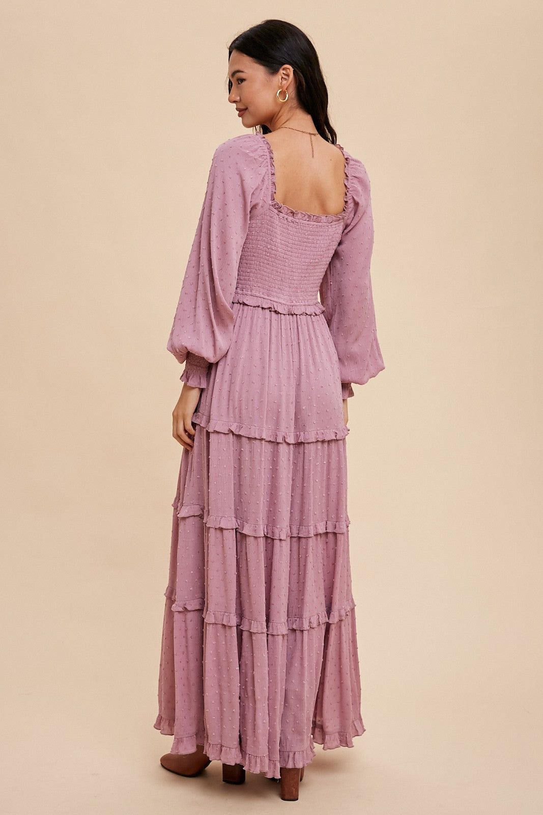 Mauve Swiss Dot Ruffle Accent Tiered Maxi Dress sold by Pinkblush product image thumbnail 3