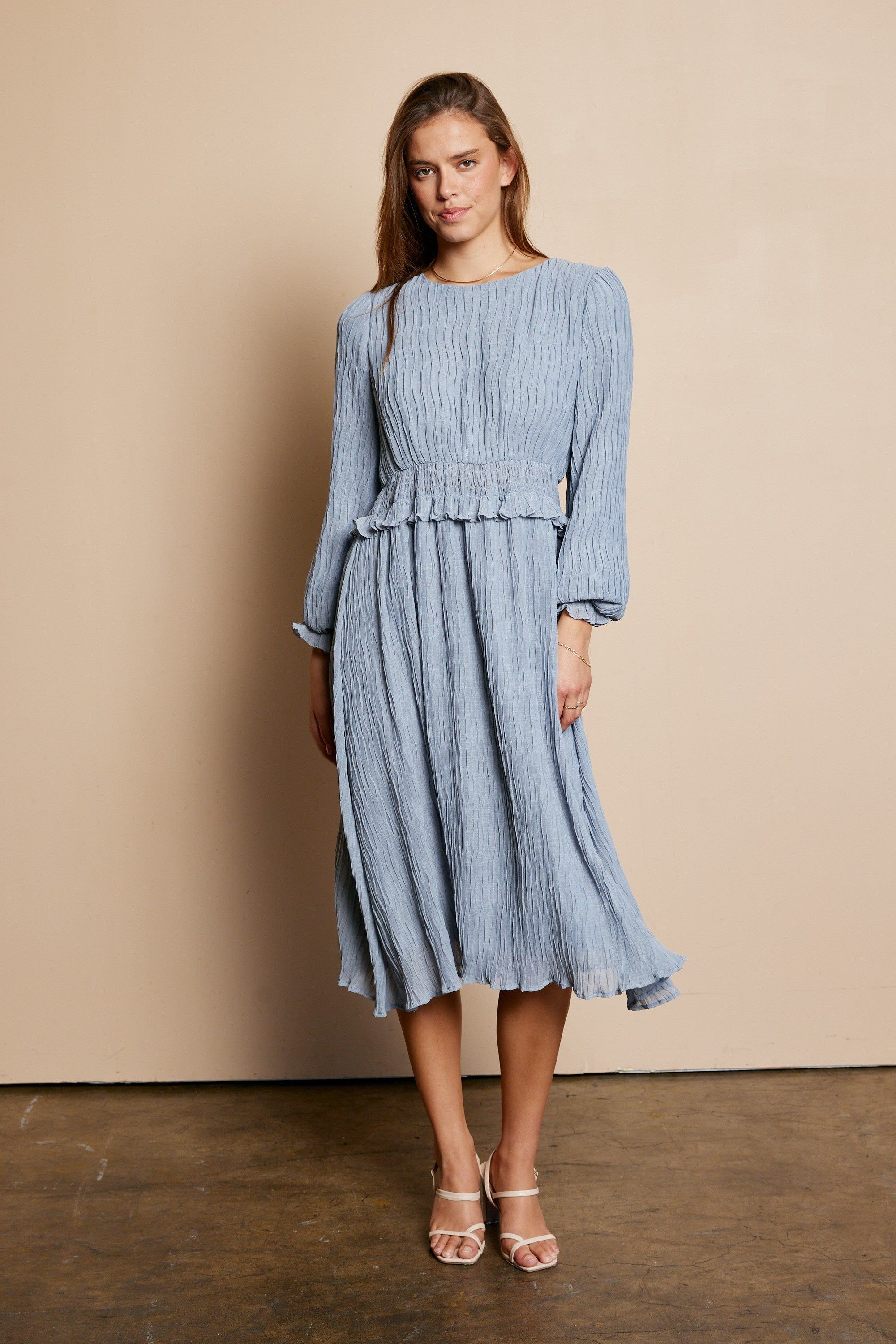 Grey Blue Wrinkle Ruffle Dress sold by Pinkblush