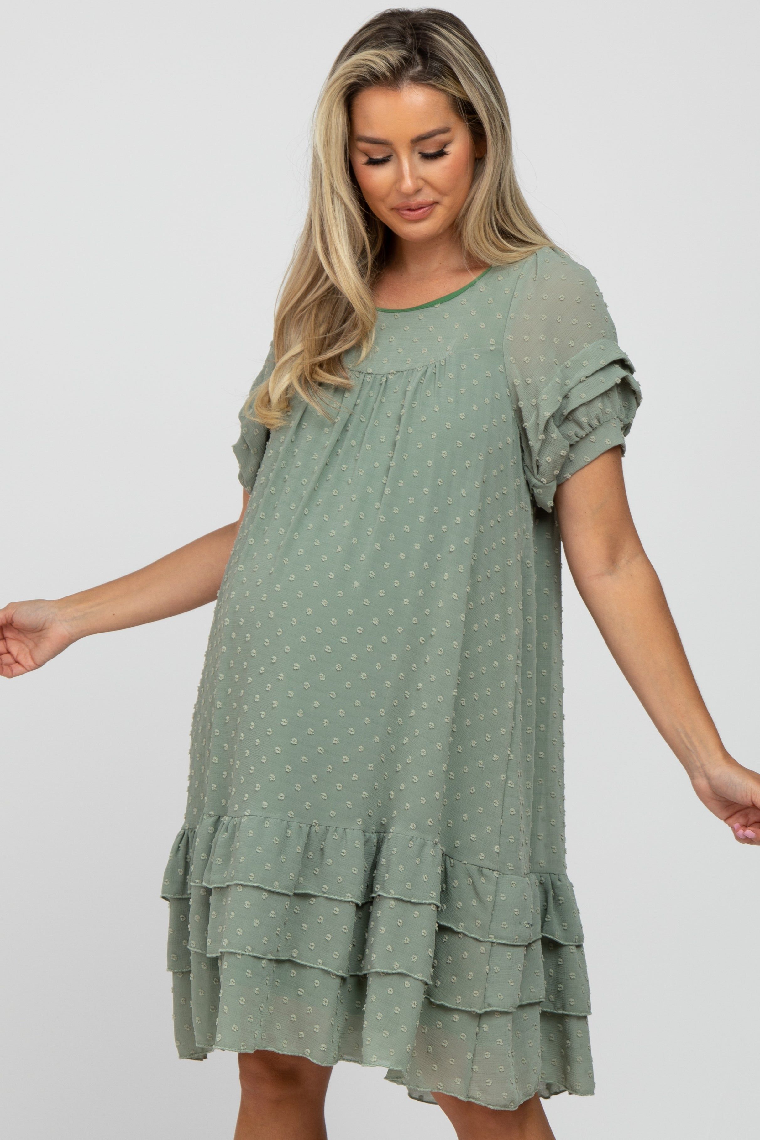 Light Olive Chiffon Swiss Dot Ruffle Hem Maternity Midi Dress sold by Pinkblush product image thumbnail 4