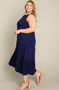 Navy Tiered Sleeveless Plus Midi Dress sold by Pinkblush
