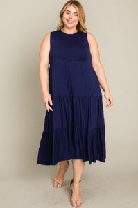Navy Tiered Sleeveless Plus Midi Dress sold by Pinkblush