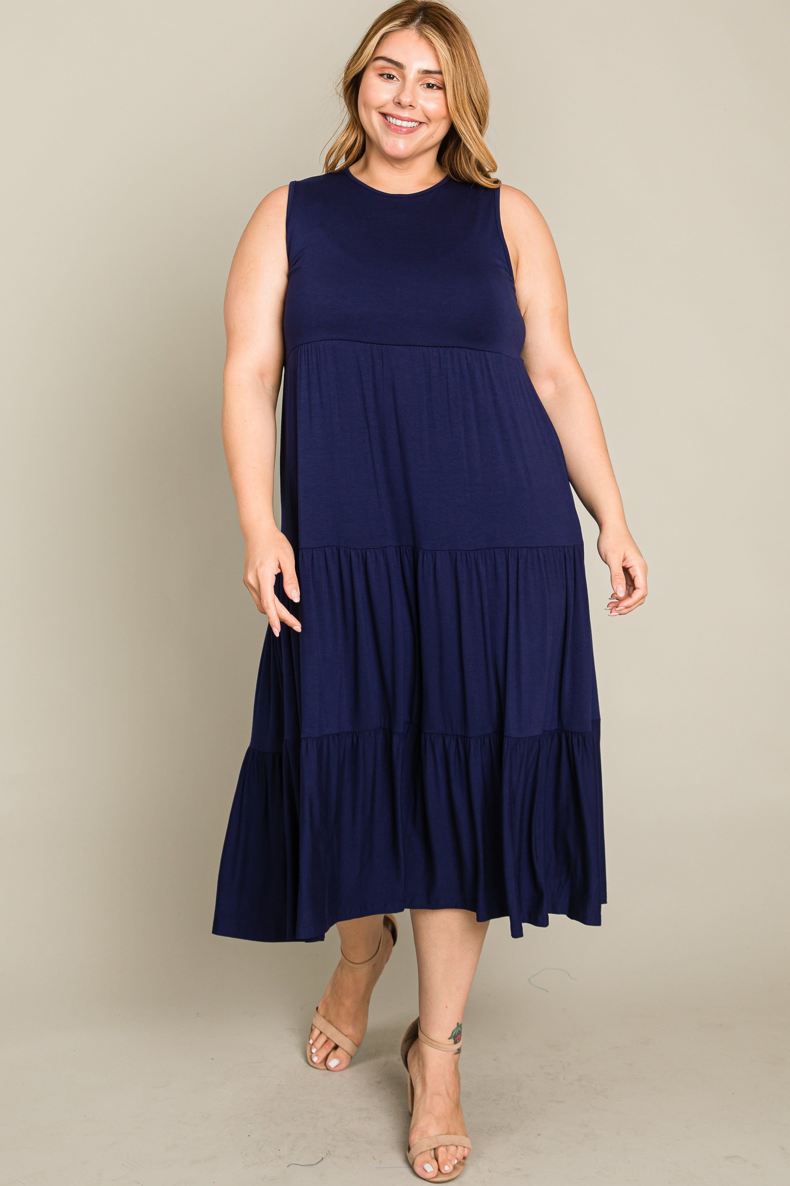 Navy Tiered Sleeveless Plus Midi Dress sold by Pinkblush product image thumbnail 5