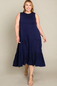 Navy Tiered Sleeveless Plus Midi Dress sold by Pinkblush