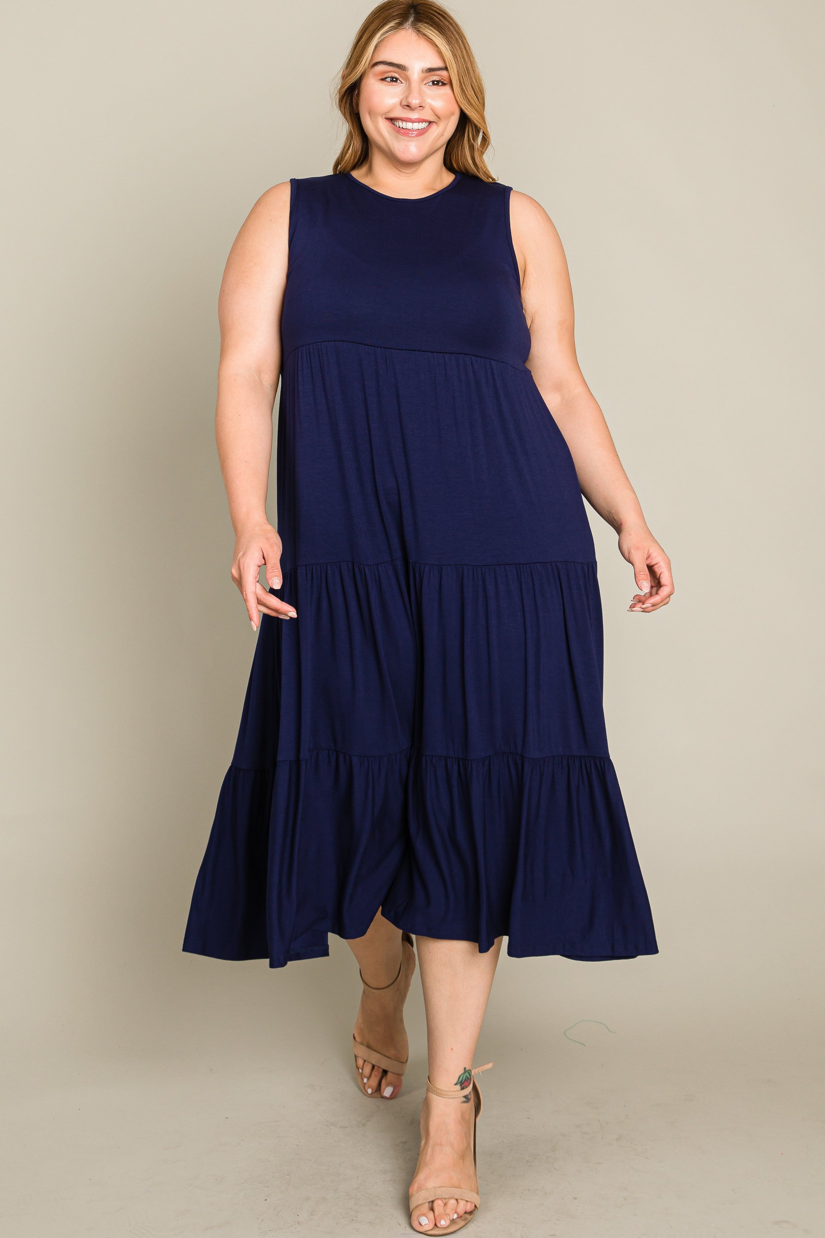 Navy Tiered Sleeveless Plus Midi Dress sold by Pinkblush product image thumbnail 2