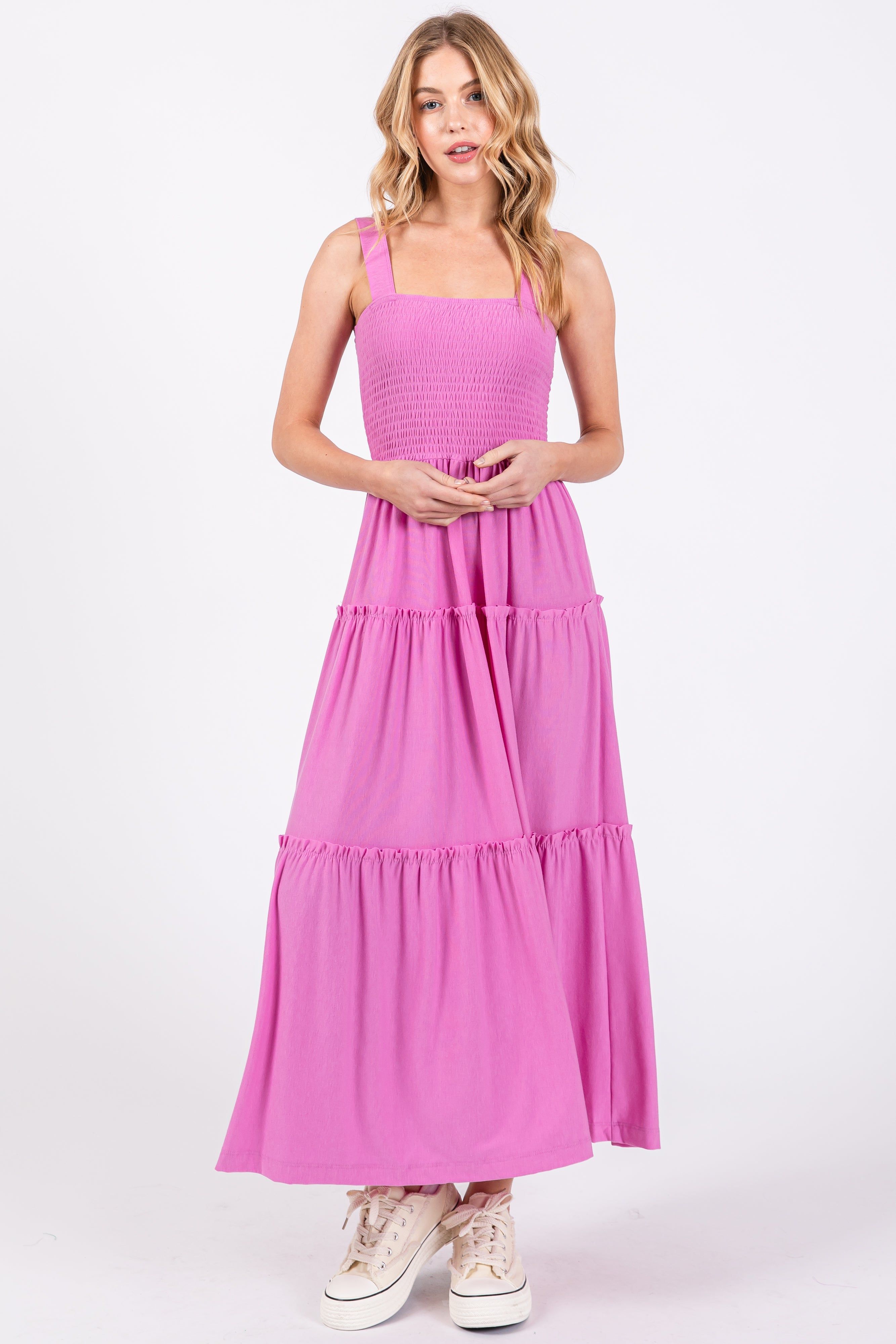 Pink Sleeveless Tiered Maxi Dress sold by Pinkblush