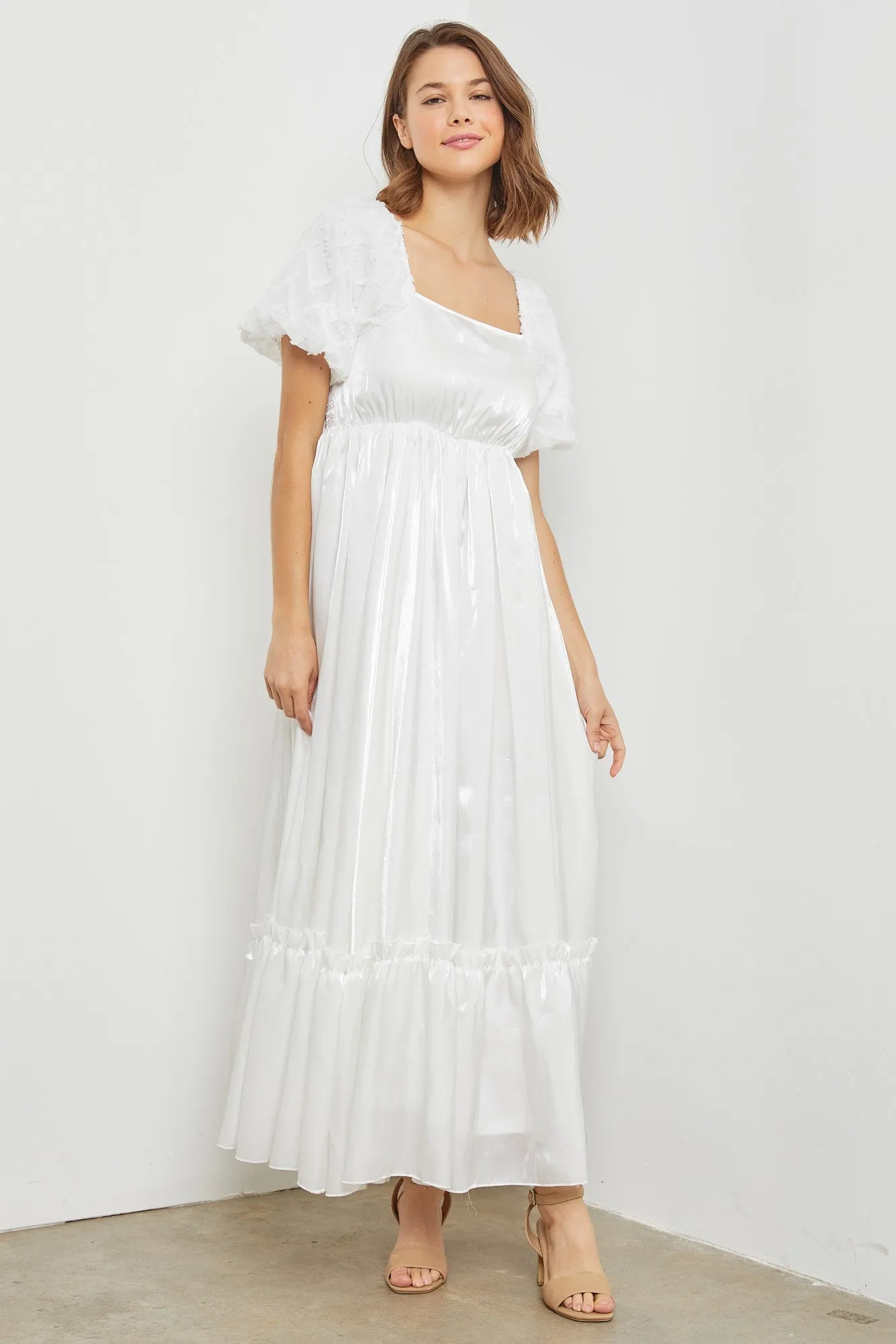 White Iridescent Textured Puff Sleeve Midi Dress sold by Pinkblush