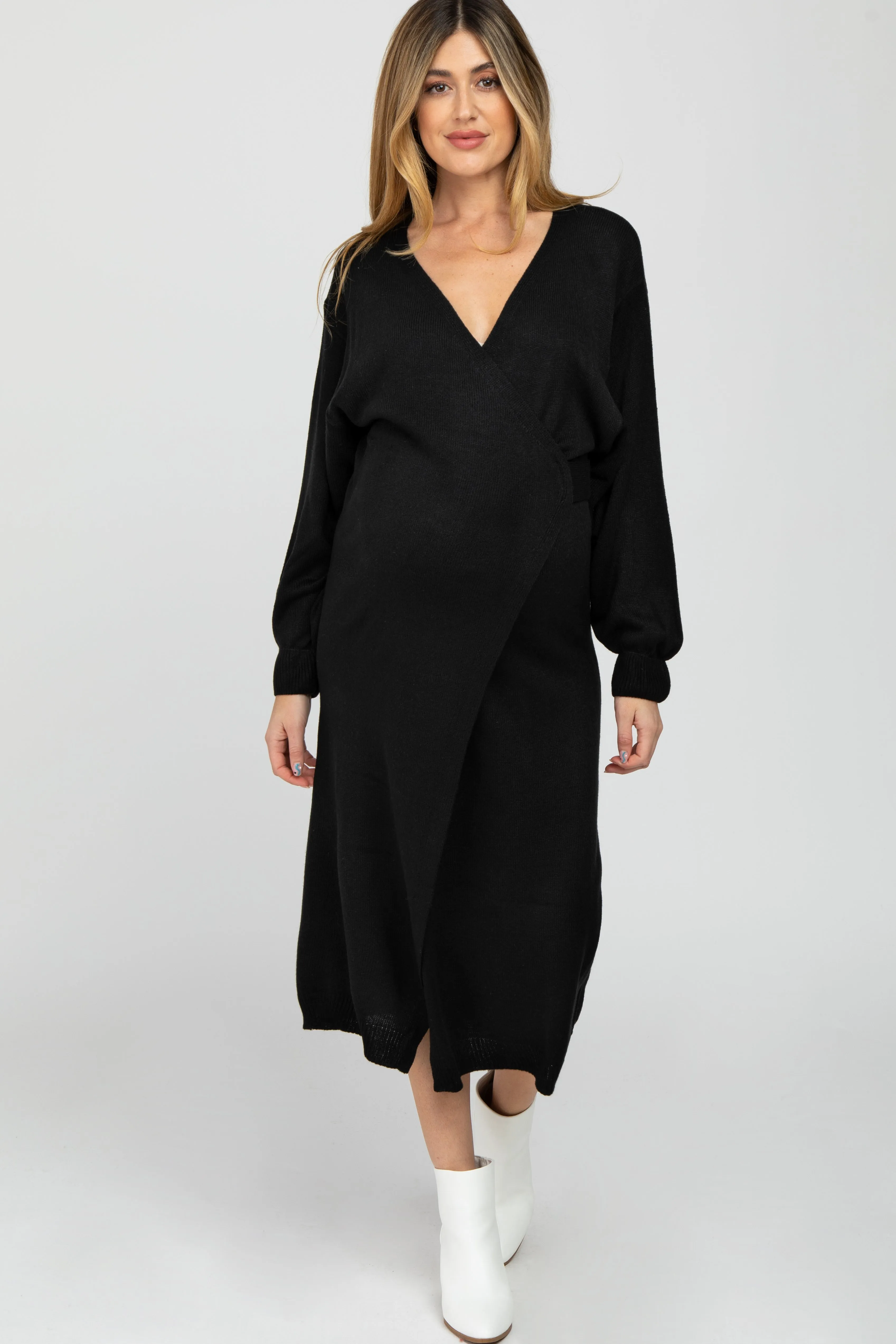 Black Wrap Sweater Knit Maternity Midi Dress sold by Pinkblush