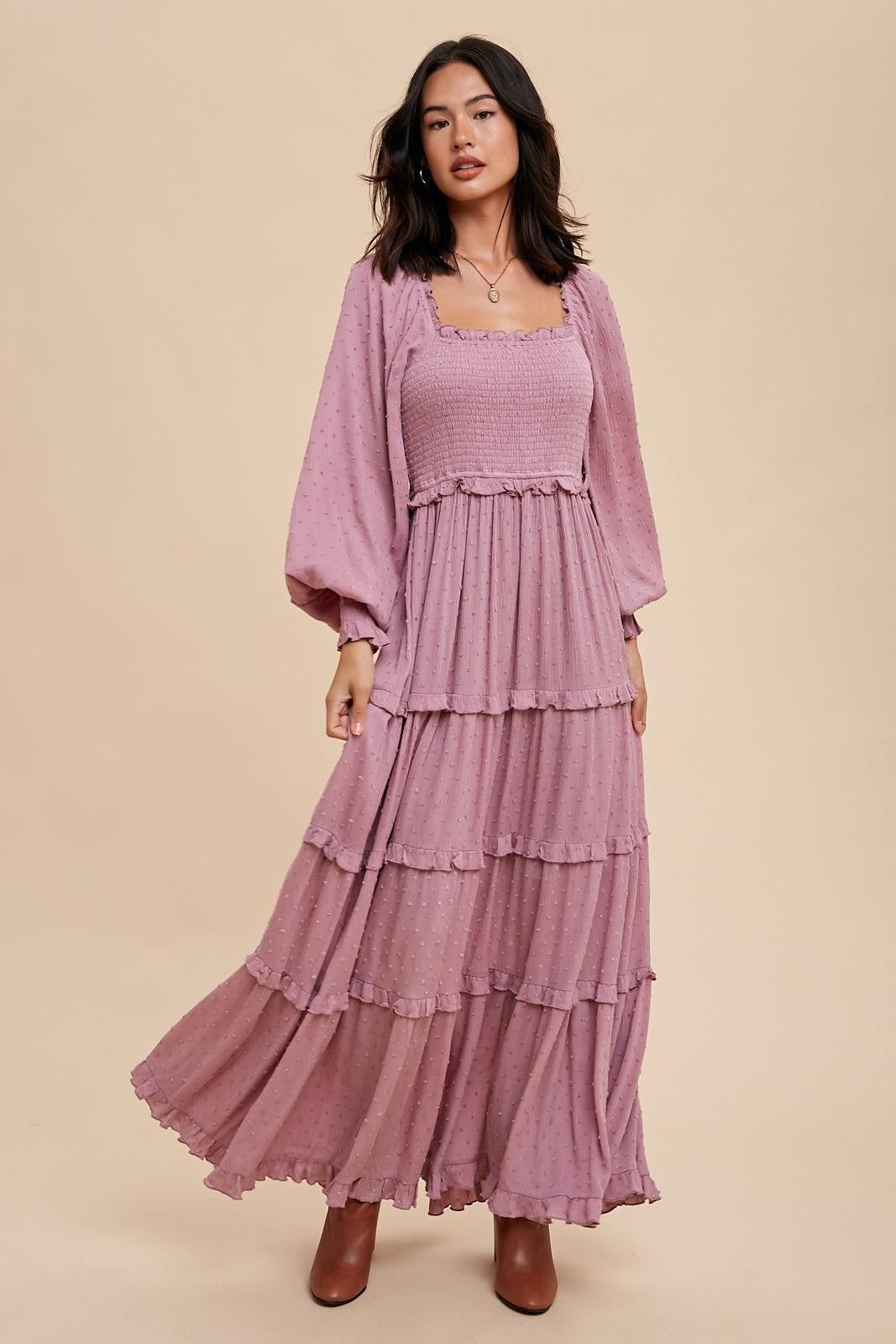 Mauve Swiss Dot Ruffle Accent Tiered Maxi Dress sold by Pinkblush