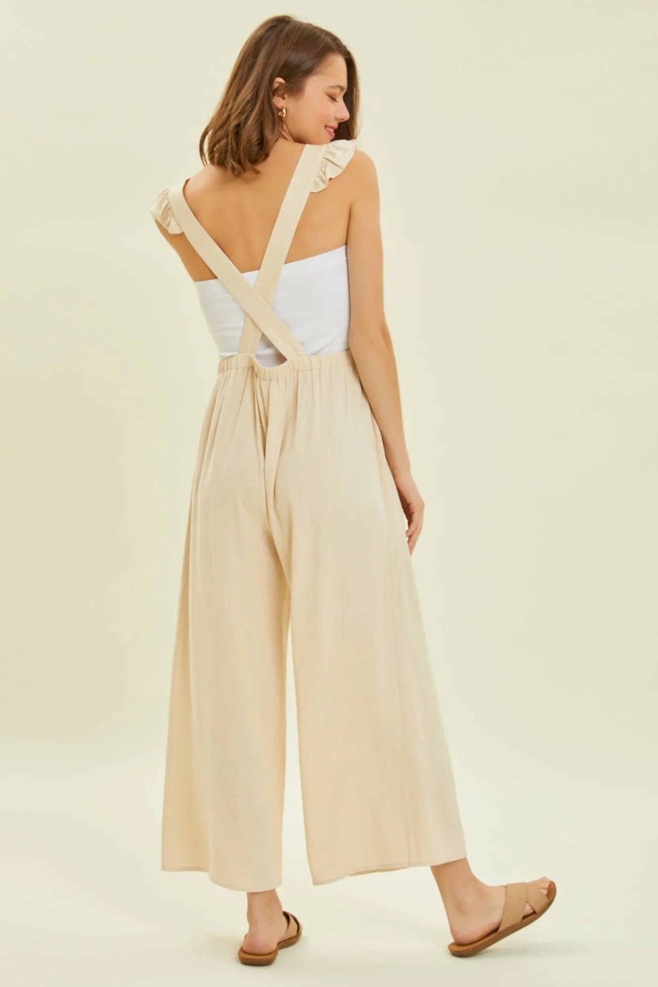 Vanilla Wide Leg Linen Jumpsuit With Ruffled Straps sold by Pinkblush product image thumbnail 3