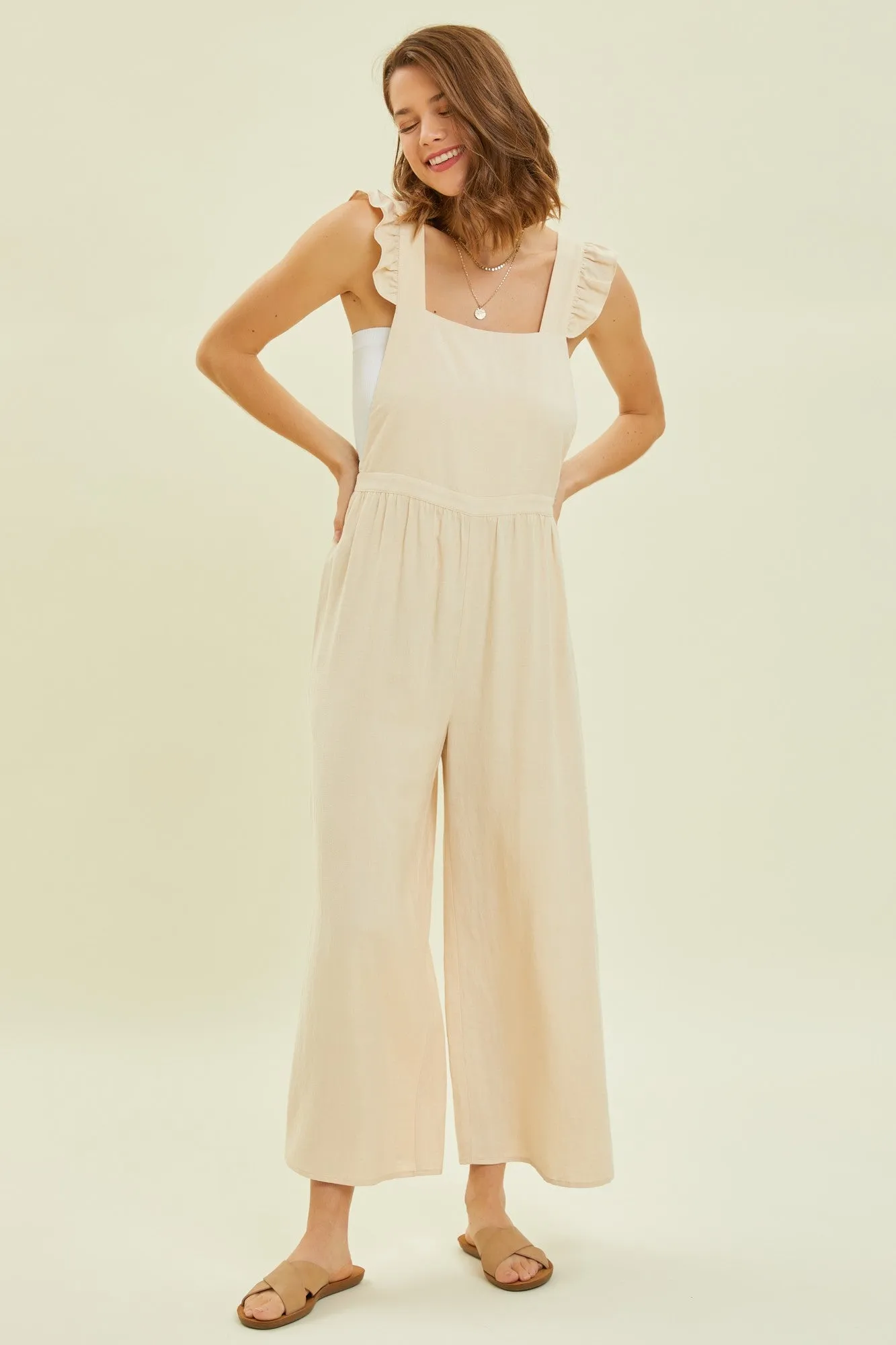 Vanilla Wide Leg Linen Jumpsuit With Ruffled Straps sold by Pinkblush