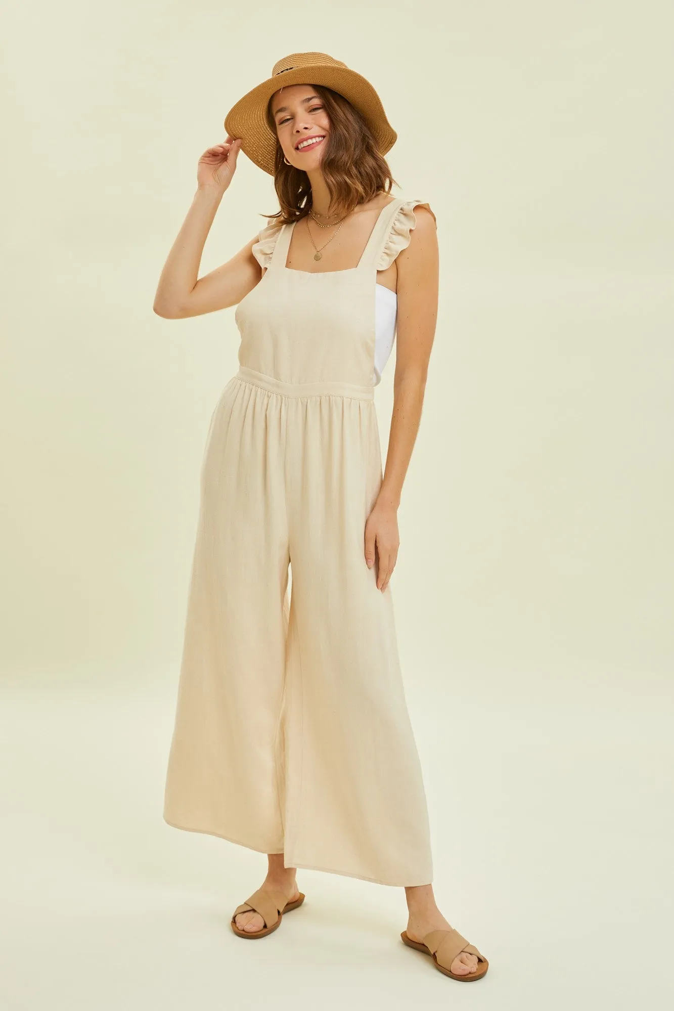 Vanilla Wide Leg Linen Jumpsuit With Ruffled Straps sold by Pinkblush product image thumbnail 4