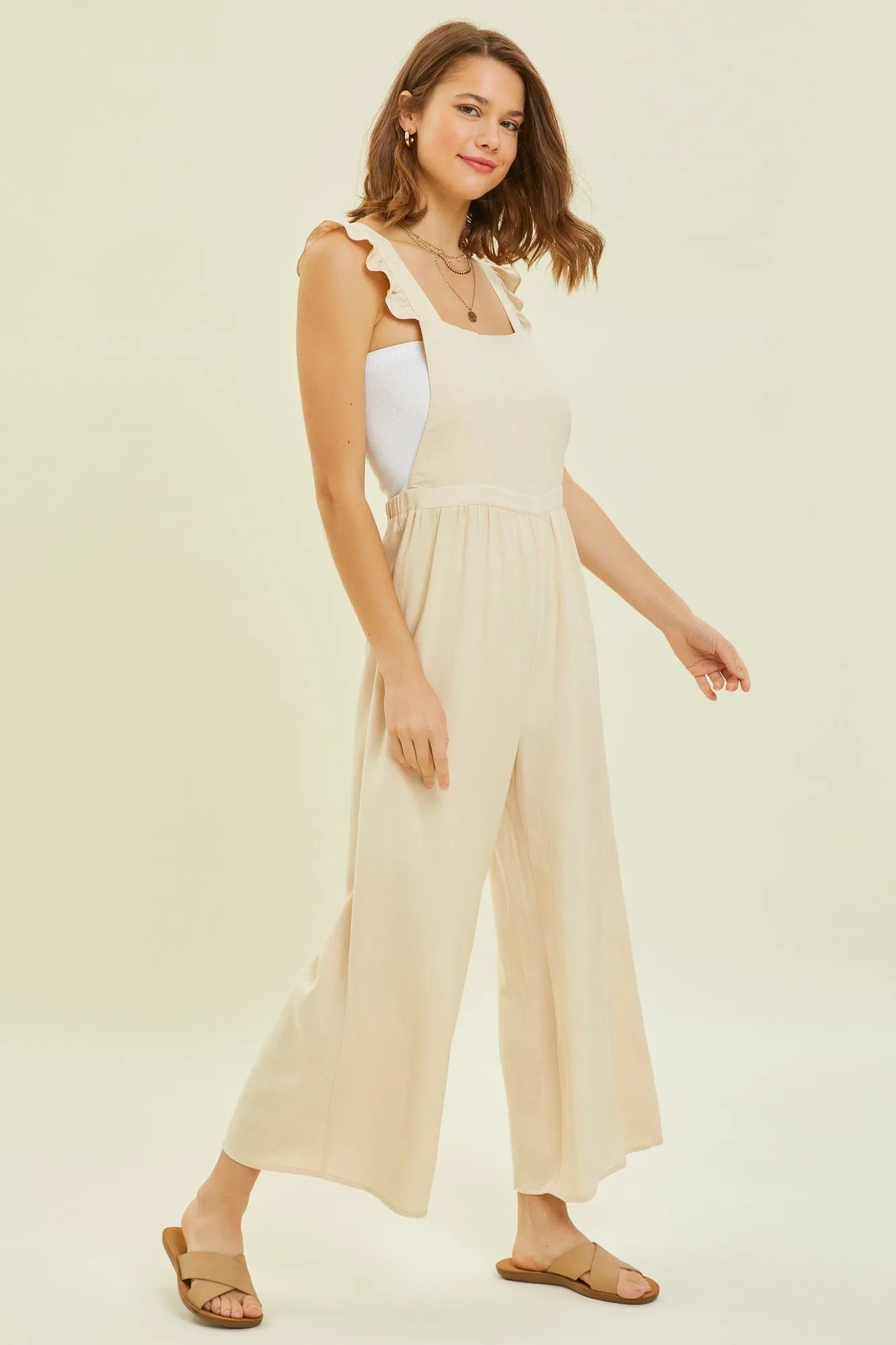 Vanilla Wide Leg Linen Jumpsuit With Ruffled Straps sold by Pinkblush product image thumbnail 2