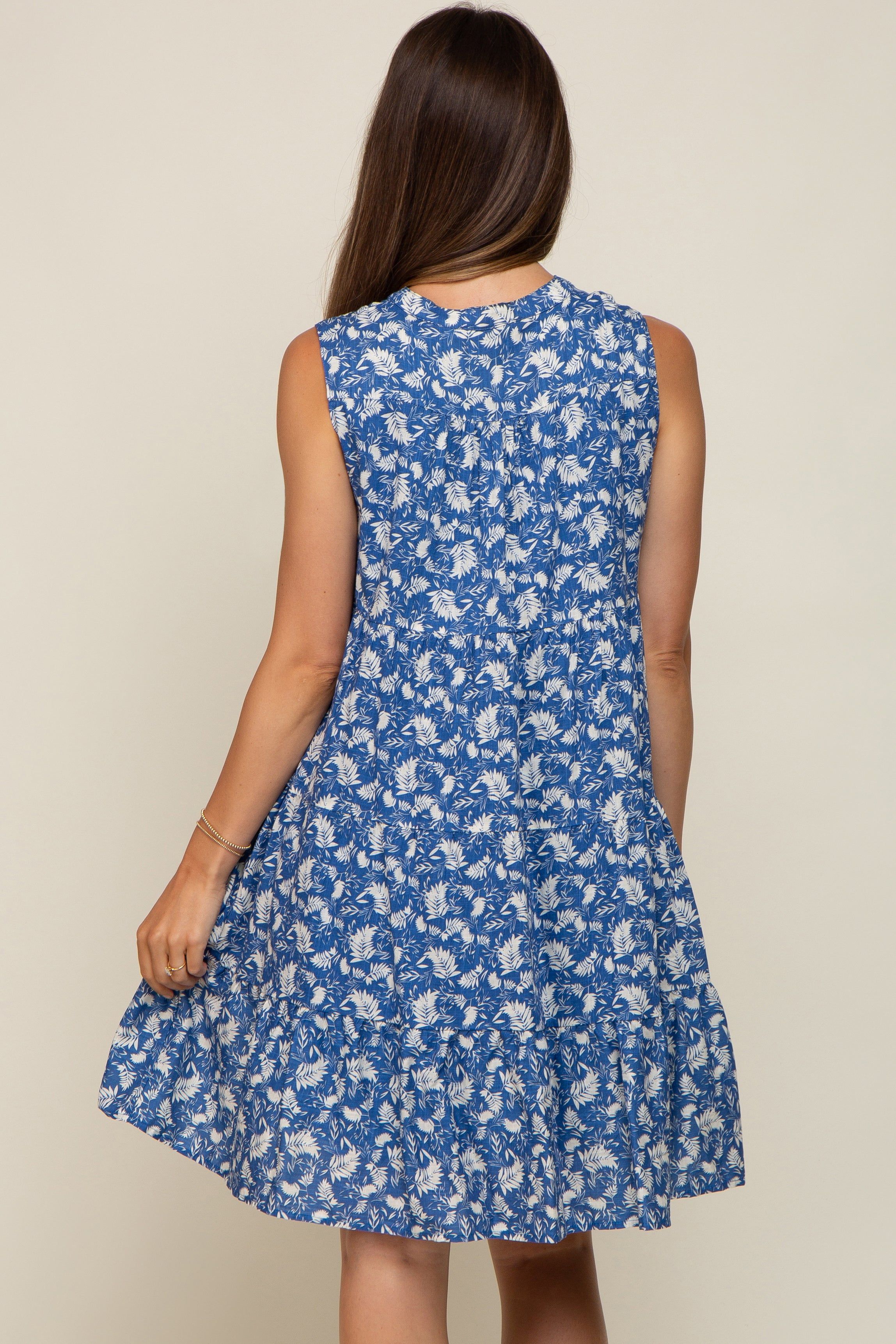 Blue Leaf Print Front Tassel Tie Tiered Maternity Dress sold by Pinkblush product image thumbnail 2