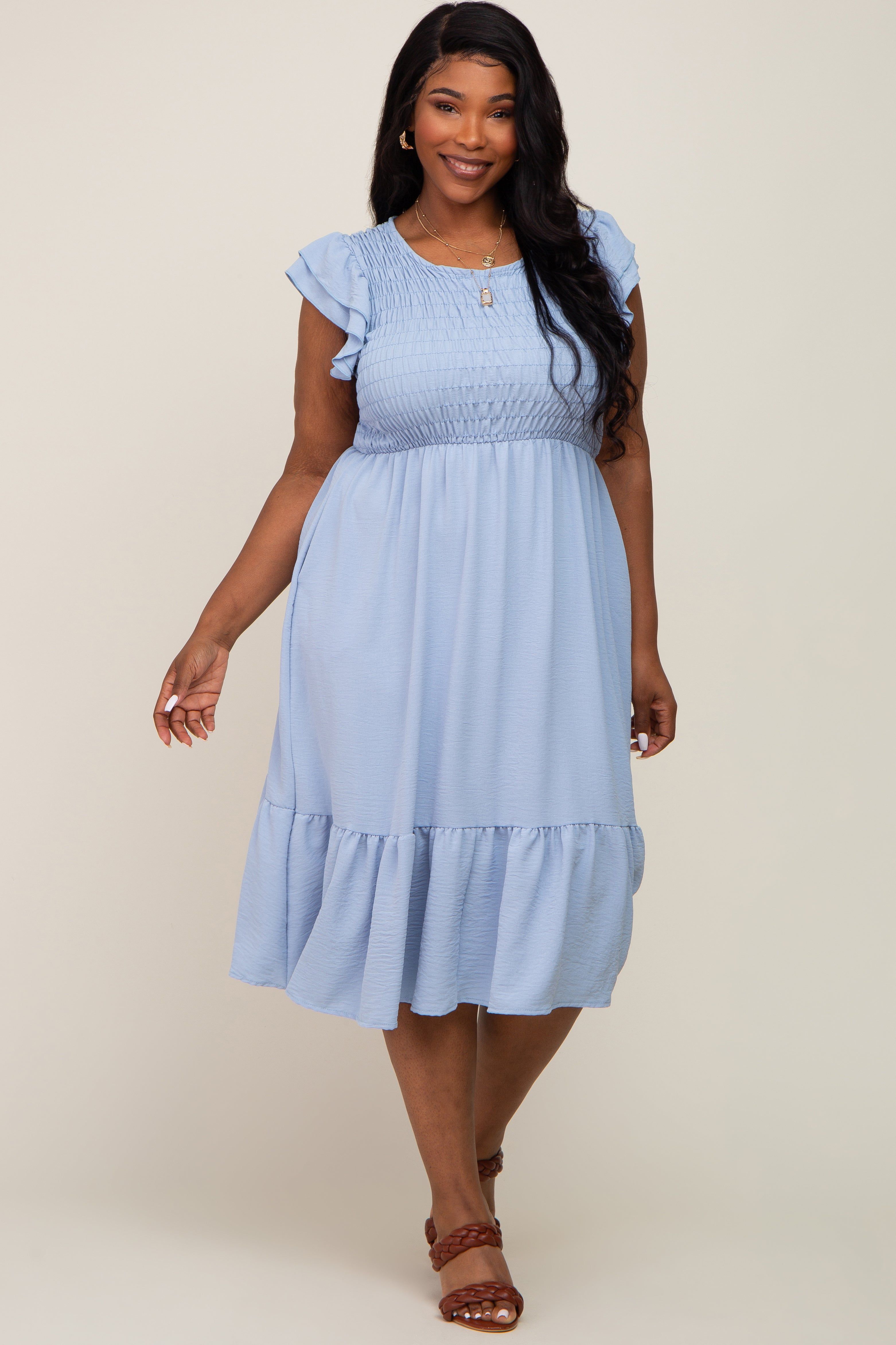 Light Blue Smocked Layered Ruffle Flutter Sleeve Plus Midi Dress sold by Pinkblush product image thumbnail 4