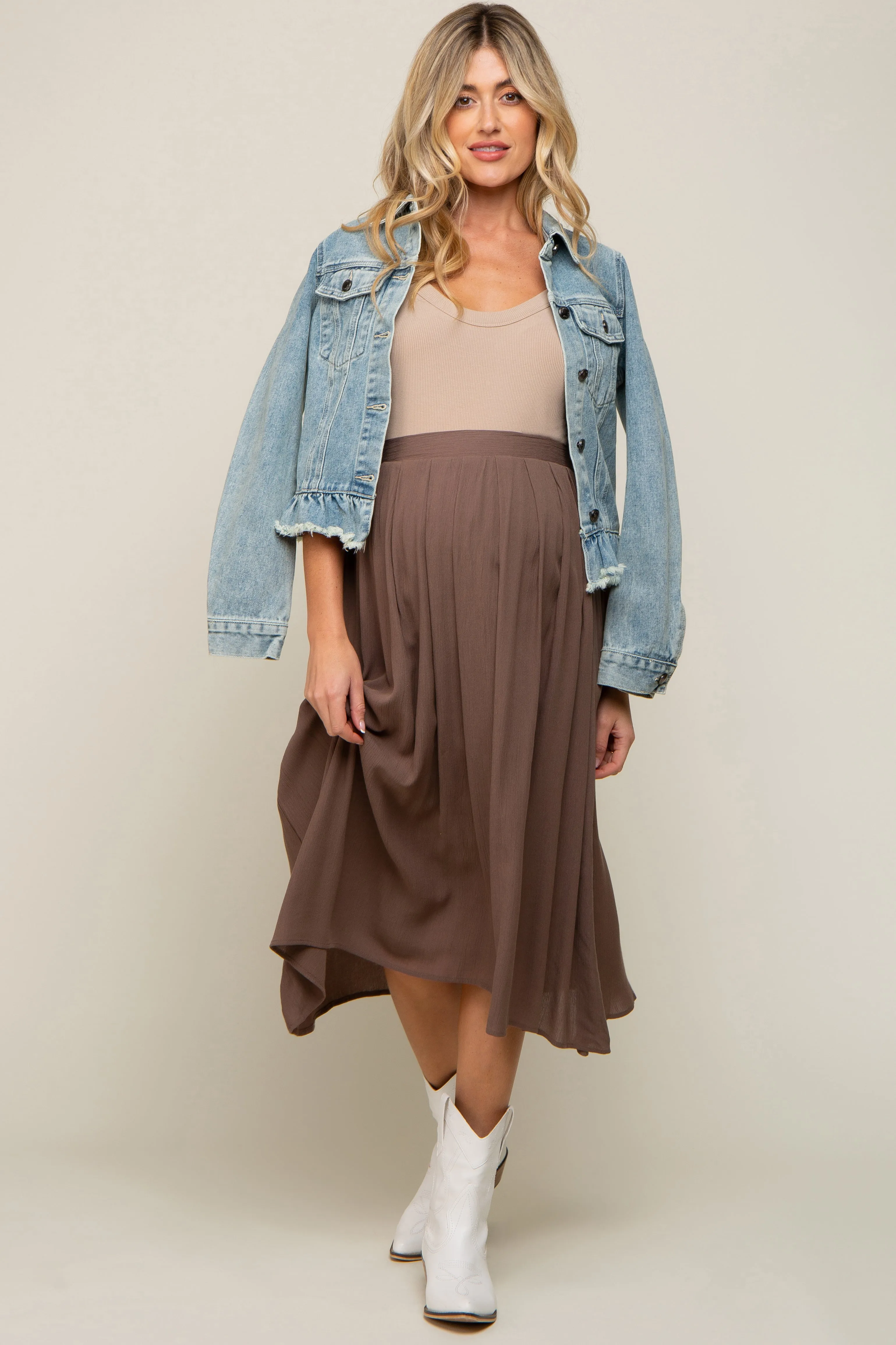Brown Pleated Maternity Midi Skirt sold by Pinkblush