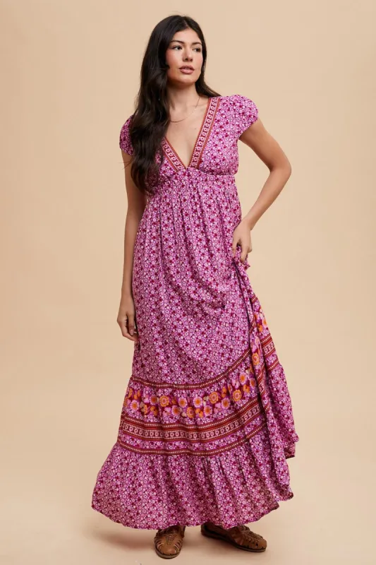 Magenta Floral Border Print Ruffle Maxi Dress sold by Pinkblush