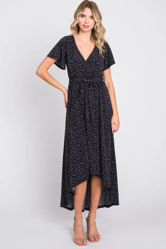 Navy Printed High-Low Hem Wrap Dress sold by Pinkblush