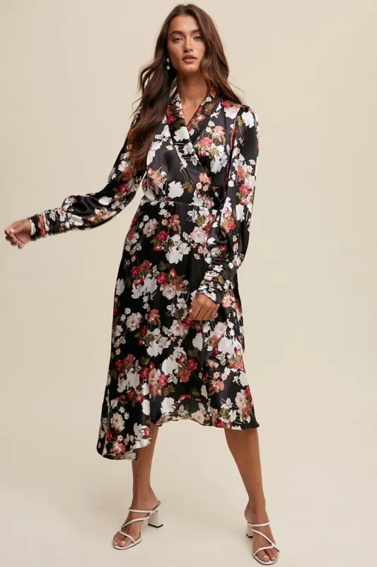 Black Floral Print Long Seeve Satin Wrap Midi Dress sold by Pinkblush