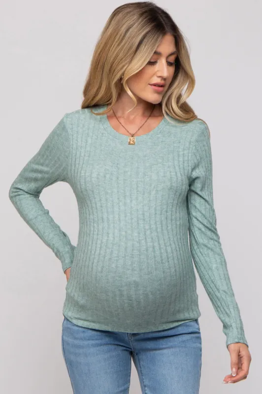 Green Ribbed Long Sleeve Maternity Top sold by Pinkblush