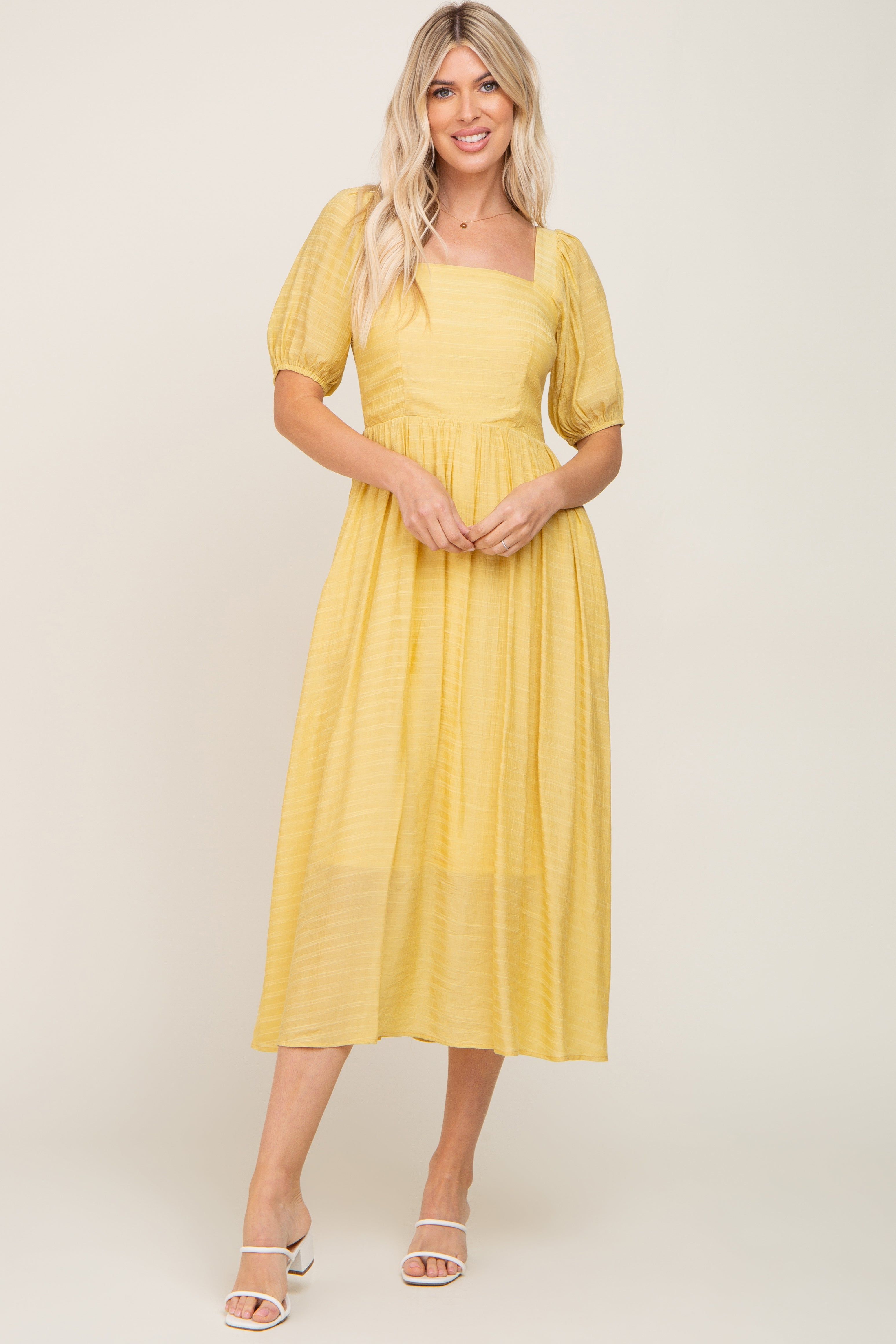 Yellow Striped Puff Sleeve Midi Dress sold by Pinkblush product image thumbnail 5