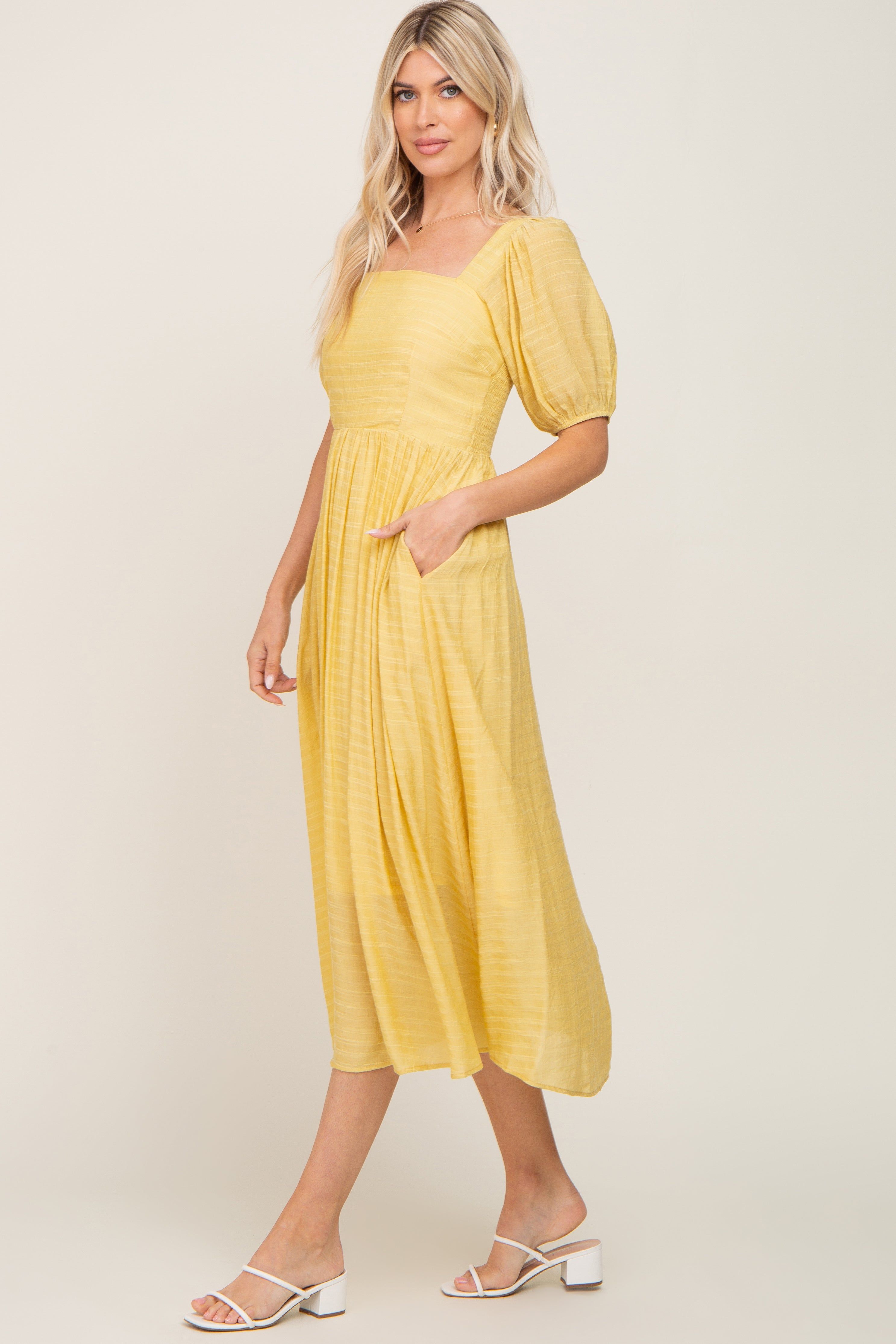 Yellow Striped Puff Sleeve Midi Dress sold by Pinkblush product image thumbnail 2