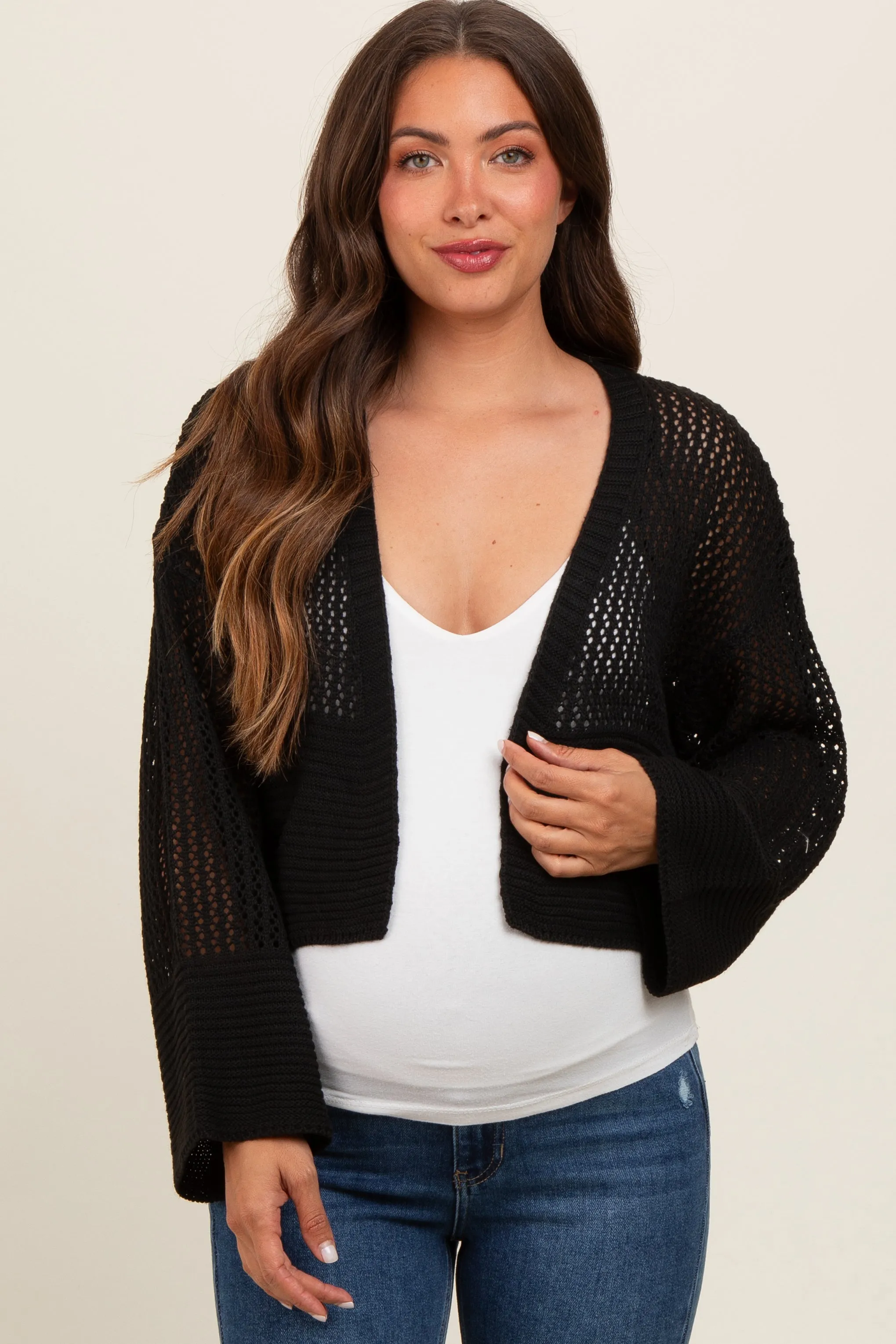 Black Open Knit Cropped Maternity Cardigan sold by Pinkblush