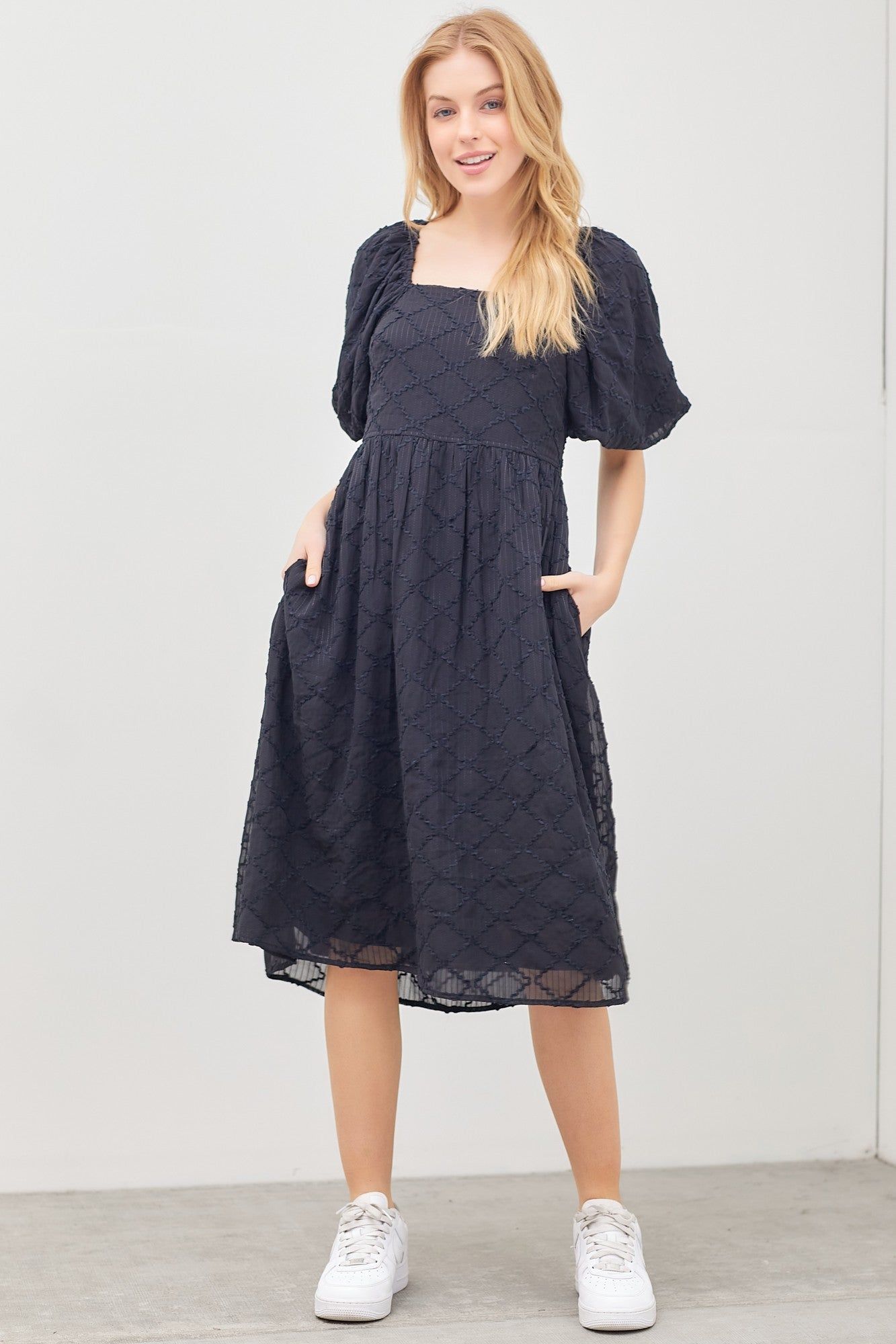 Black Striped Textured Chiffon Midi Dress sold by Pinkblush