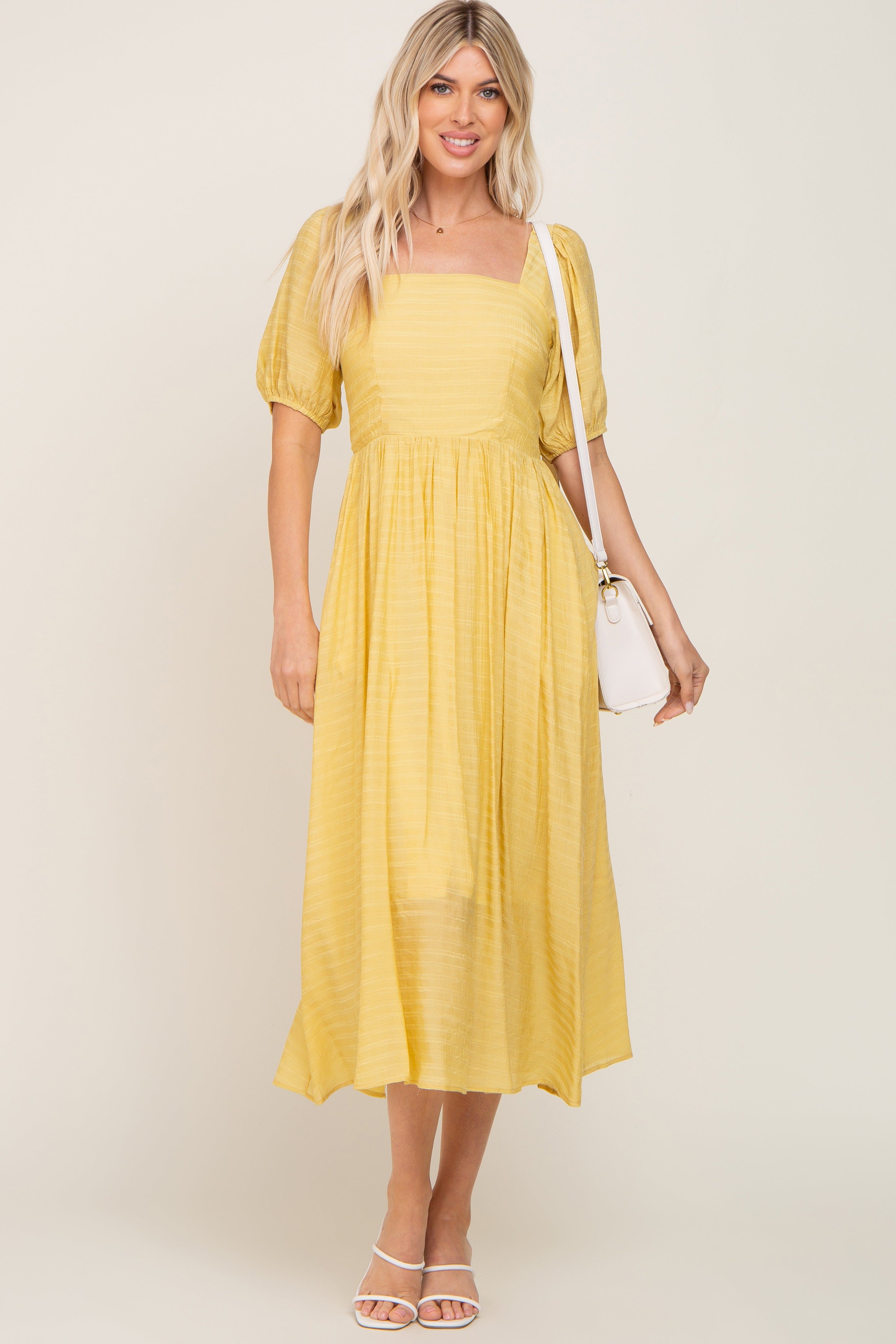 Yellow Striped Puff Sleeve Midi Dress sold by Pinkblush product image thumbnail 4