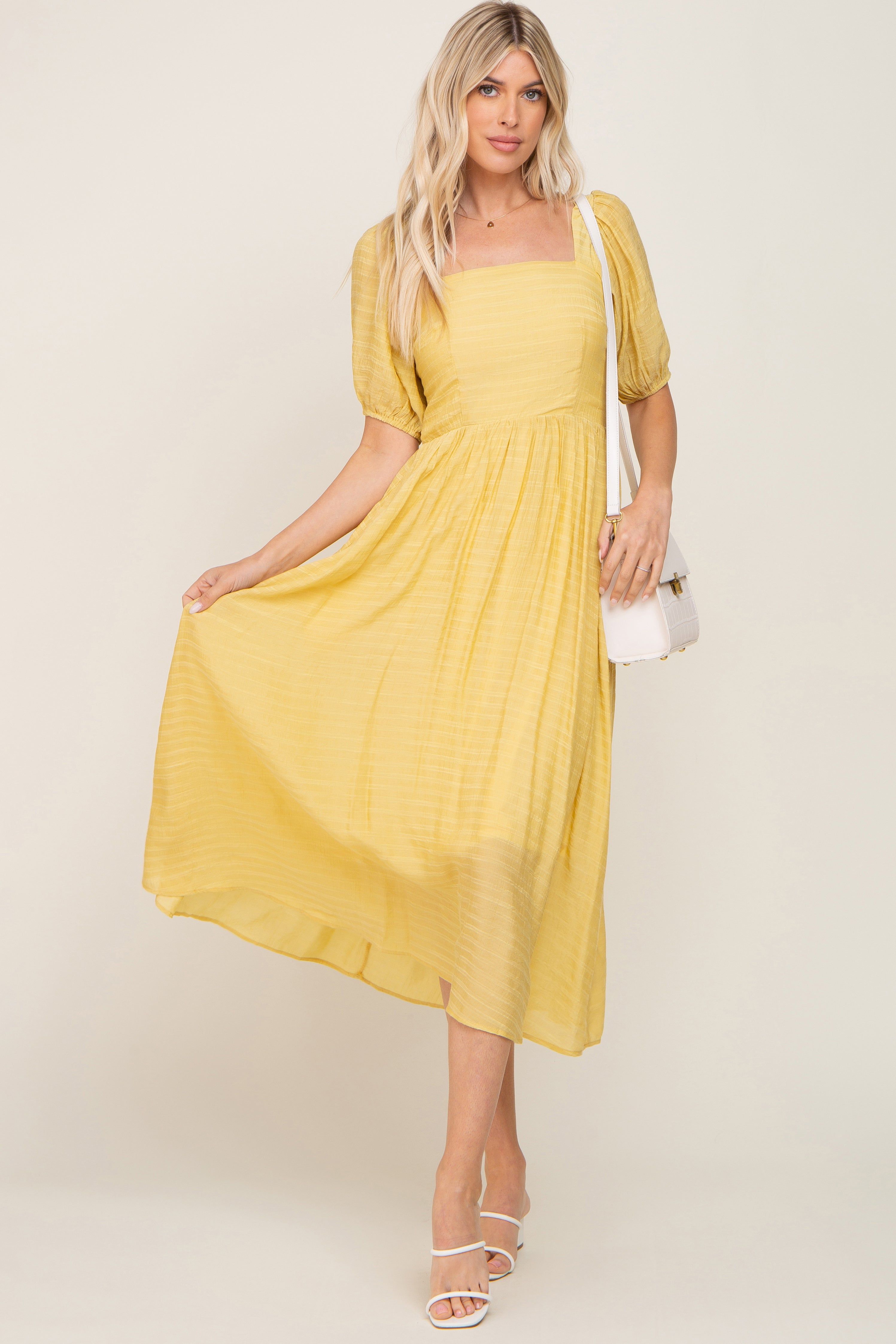 Yellow Striped Puff Sleeve Midi Dress sold by Pinkblush
