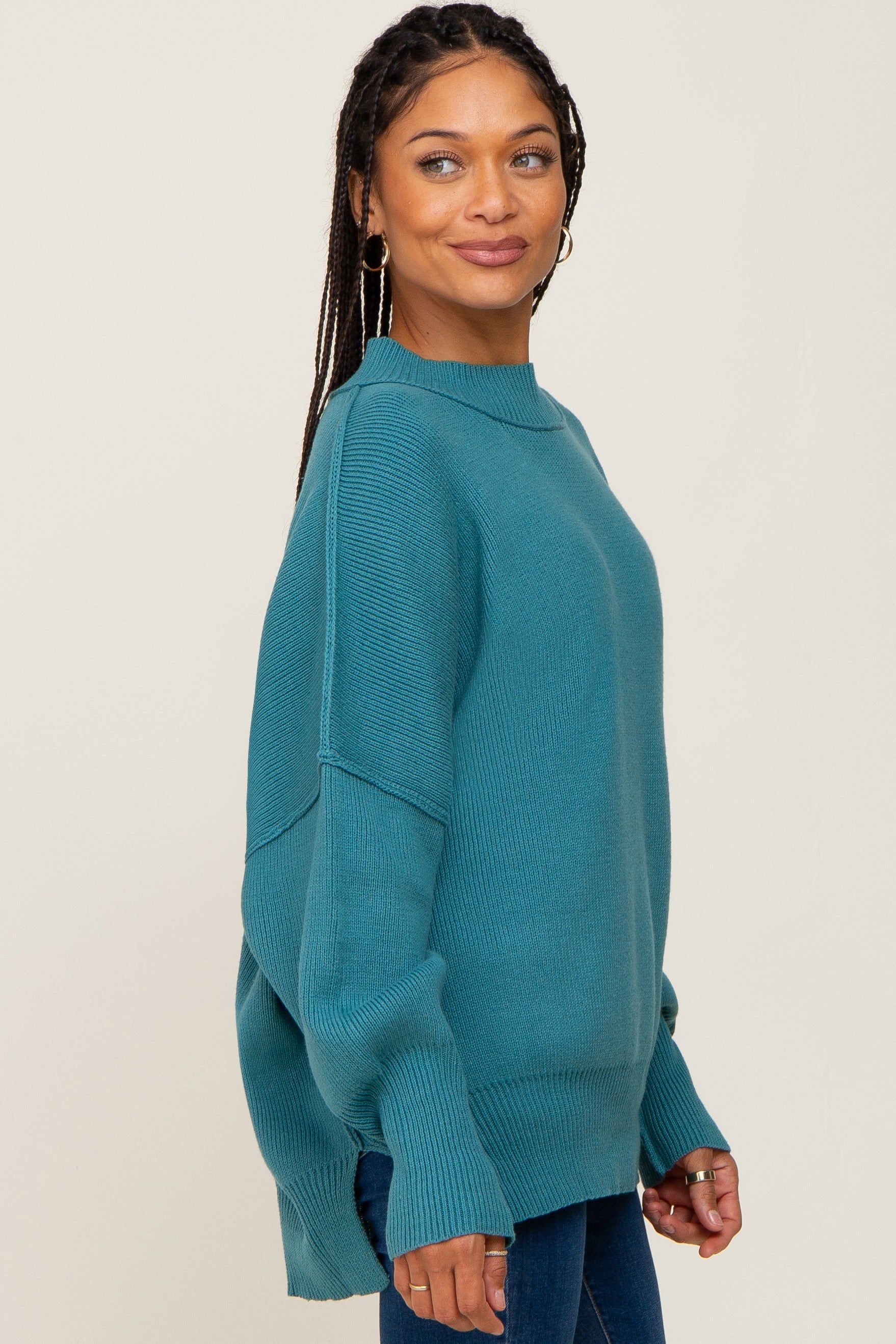 Teal Blue Mock Neck Exposed Seam Sweater sold by Pinkblush product image thumbnail 2
